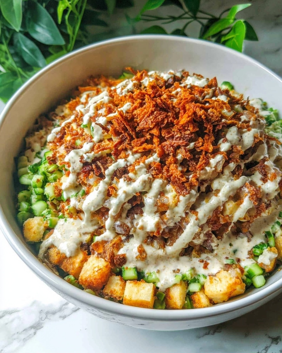 A large white bowl filled with a colorful mixed dish that has several layers visible; the base layer seems to be small yellow and green pieces with diced vegetables like red tomatoes and green herbs scattered throughout. On top there are more finely chopped red onions, green herbs, and small chunks of light brown pieces, all mixed together and lightly drizzled with a white creamy sauce. The dish is sprinkled with red seasoning, adding contrast to the bright colors. A white spoon is partially submerged on the left side of the bowl. The bowl is set on a white marbled surface with soft green leaves blurred in the background, and a tall glass jar filled with white sauce can be seen to the left. Photo taken with an iphone --ar 4:5 --v 6.1