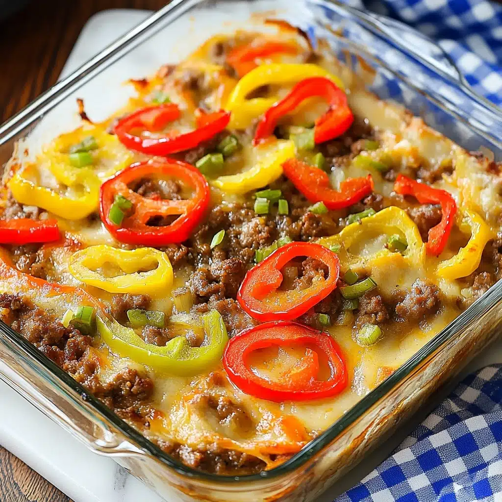 Southern Five Layer Beef Casserole, layered beef casserole, easy comfort food, hearty beef casserole, Southern-style casserole The dish is shown in a clear glass rectangular baking dish, placed on a white marbled surface with a blue and white checkered cloth nearby. The food has three visible layers: the bottom layer is light beige, creamy and smooth, likely a sauce or cheese base. The middle layer contains brown cooked ground meat mixed with sautéed diced onions, giving a slightly chunky texture. The top layer is decorated with circular slices of red and yellow bell peppers and some green sliced peppers, adding bright colors and a fresh look on top. The bell pepper rings are vibrant and glistening, spread evenly across the surface.