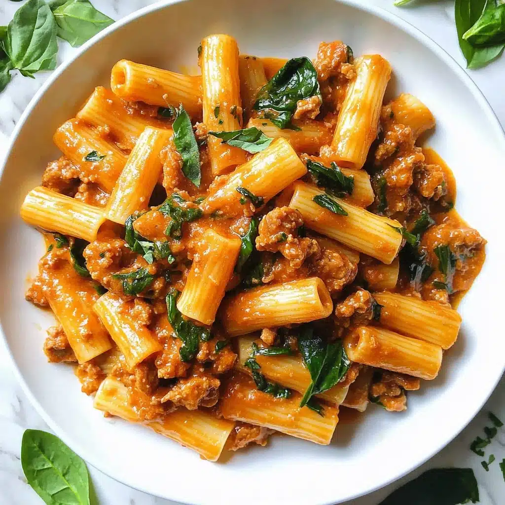 Creamy Sausage Rigatoni, Easy Sausage Pasta dinner, 30-minute pasta recipe, One-Pan sausage pasta, Quick weeknight pasta dish A white plate filled with thick, tube-shaped pasta covered in a red-orange sauce, mixed with small pieces of light brown cooked meat and bright green spinach leaves. The pasta is layered evenly, showing a mix of sauce coating and bits of herbs. The plate sits on a white marbled surface with some green leaves scattered around.