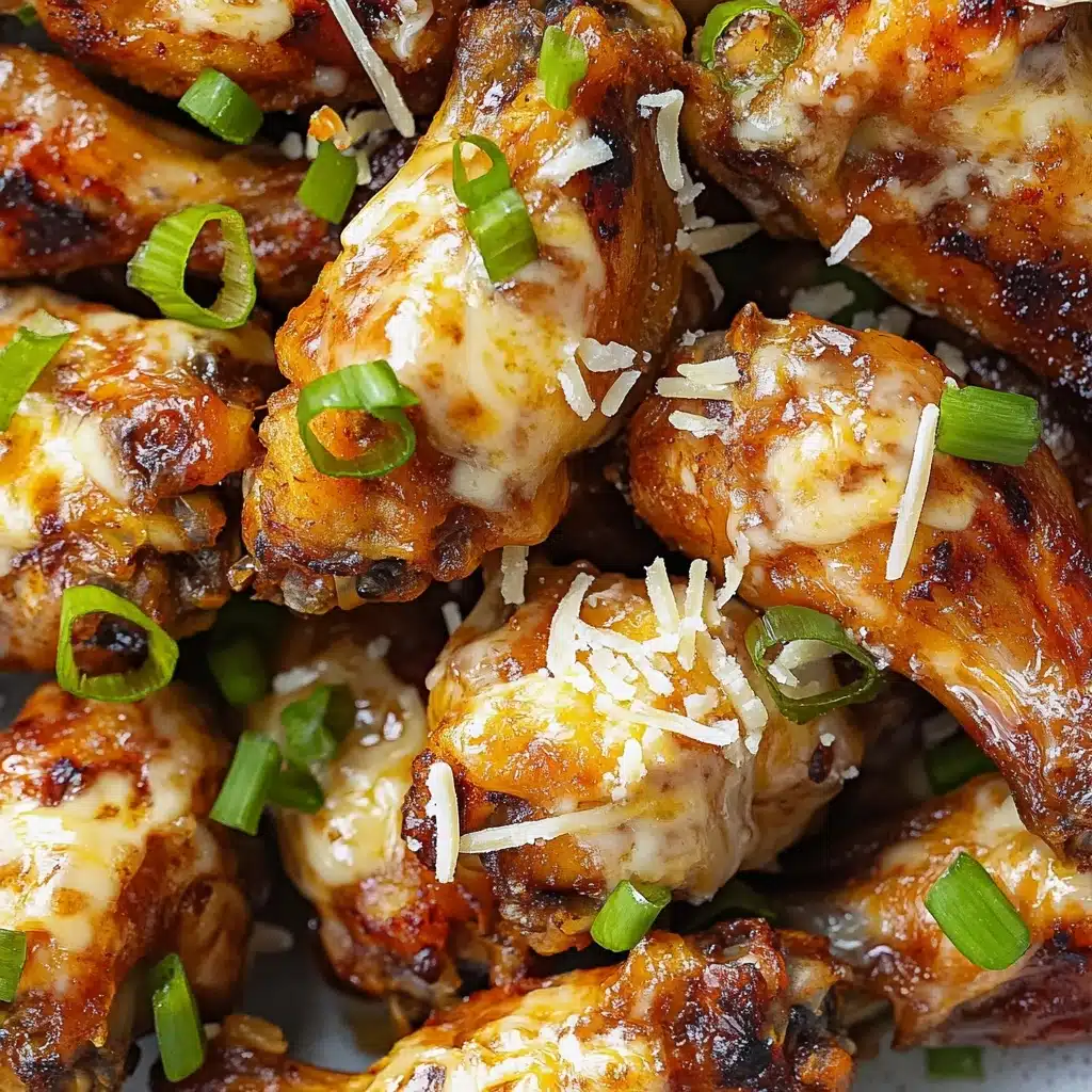 Crock Pot Garlic Parmesan Chicken Wings, slow cooker chicken wings recipe, easy garlic Parmesan wings, cheesy chicken wings, game day chicken wings The image shows a pile of golden-brown chicken wings with a crispy texture on the outside, topped with melted white shredded cheese and sprinkled with bright green sliced scallions. Each wing has a slightly charred, caramelized surface that adds to the texture and color contrast. The wings are packed closely together, showing a juicy and savory look. The background has a white marbled texture.