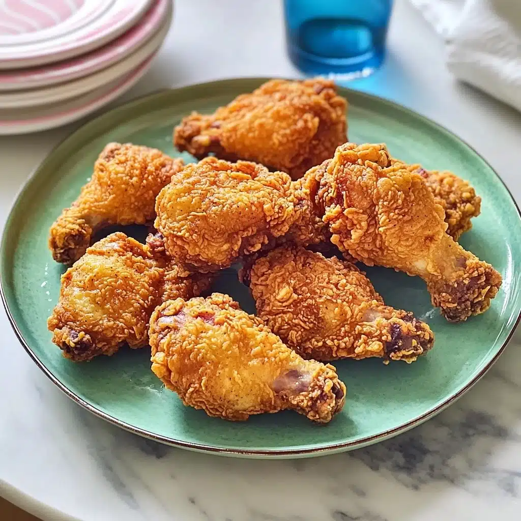 Buttermilk Fried Chicken, crispy fried chicken, tender fried chicken, best fried chicken recipe, homemade fried chicken A green round plate filled with nine pieces of crispy fried chicken arranged close together, each piece showing a crunchy and golden brown crust with textured, rough spots and some darker fried areas, the plate placed on a white marbled surface with a blue glass of water and a stack of white plates with pink stripes partially visible on the left side,
