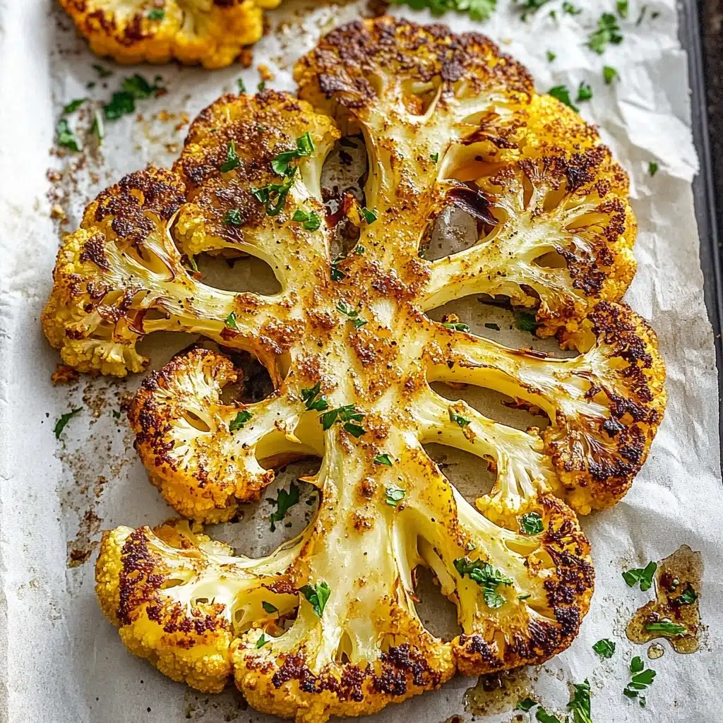 Cauliflower Steak, Roasted or Grilled Cauliflower Steak, Vegetarian Main Dish, Healthy Cauliflower Recipes, Vegetable Steak A large roasted cauliflower steak sits flat on a piece of parchment paper, showing its open, tree-like shape. The thick cauliflower slice has a golden yellow top layer from spices, with crispy and browned edges. Green herbs are scattered across the top for a fresh look and a sprinkle of seasoning is visible on the white marbled texture background.