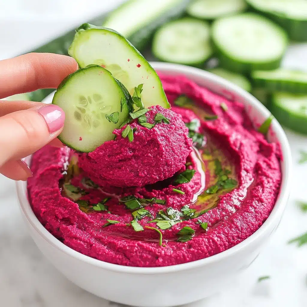 Easy Beetroot Hummus with Tahini, vegan beetroot hummus, dairy-free beetroot dip, healthy beetroot snacks, colorful party dip A white bowl holds a thick, smooth layer of bright pink beet hummus, topped with bits of chopped green herbs. In the front, a woman's hand is holding a slice of cucumber with a scoop of the hummus on top, showing the creamy texture and bold color contrast. In the background, there are more cucumber slices and a hint of radish, all set on a white marbled texture.