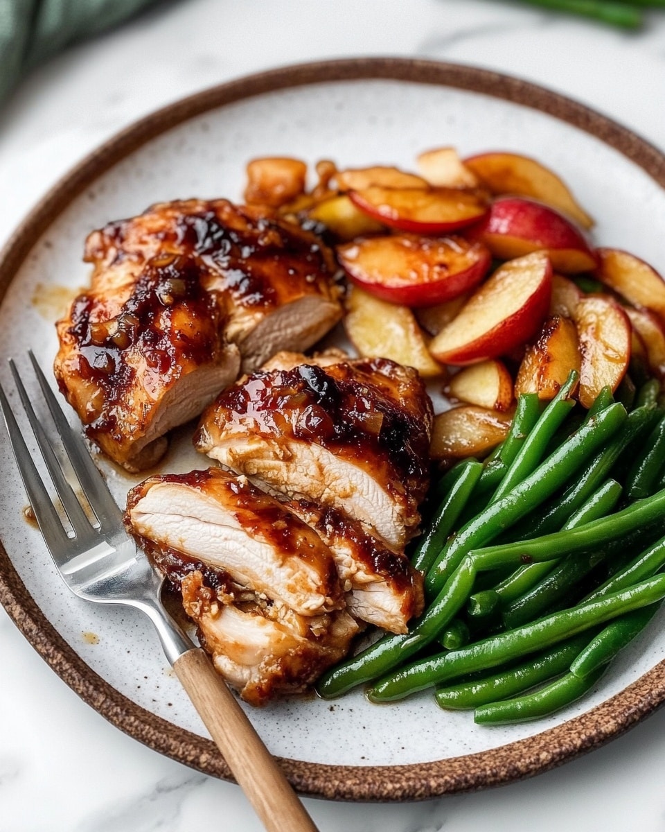 Apple Cider Chicken, easy chicken dinner, flavorful chicken thighs, quick apple cider recipes, savory apple cider glaze A white plate with brown ridged edges holds a meal divided into three parts. On the left are two pieces of cooked chicken with a browned, slightly crispy skin, one piece opened to show white meat inside, topped with small sauteed onion bits and brown sauce. Around the chicken are several cooked apple slices with soft orange and red hues and a shiny sauce glaze. On the right side of the plate is a pile of bright green, shiny cooked green beans, neatly stacked. A silver fork with a wooden handle rests on the bottom left of the plate, partially under the chicken. The plate is placed on a white marbled textured surface, with green and red apples partly visible at the bottom edge.