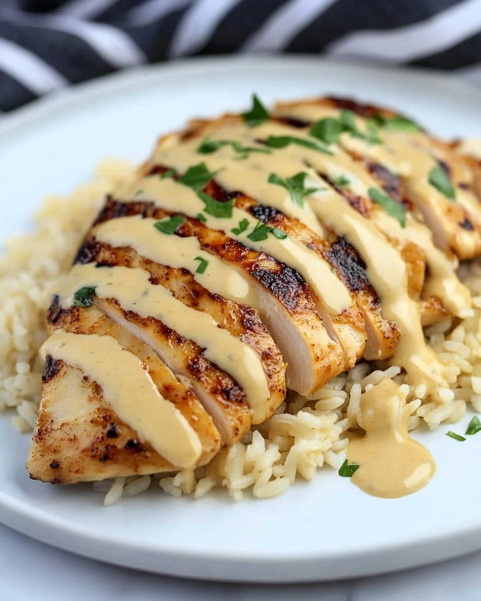Mexican Chicken with Cheese Sauce, Mexican Chicken with Cheese, Mexican Chicken Recipe, cheesy Mexican chicken dish, flavorful Mexican chicken meal The dish shows two main layers on a round white plate placed on a white marbled surface. The bottom layer is yellowish cooked rice with some green herb pieces mixed in. On top of the rice, there is sliced grilled chicken with a golden brown, slightly charred surface. A creamy, light beige sauce is drizzled over the chicken and rice, sprinkled with small bits of green herbs. The rice and chicken fill most of the plate, with some grains of rice loose around the edges.