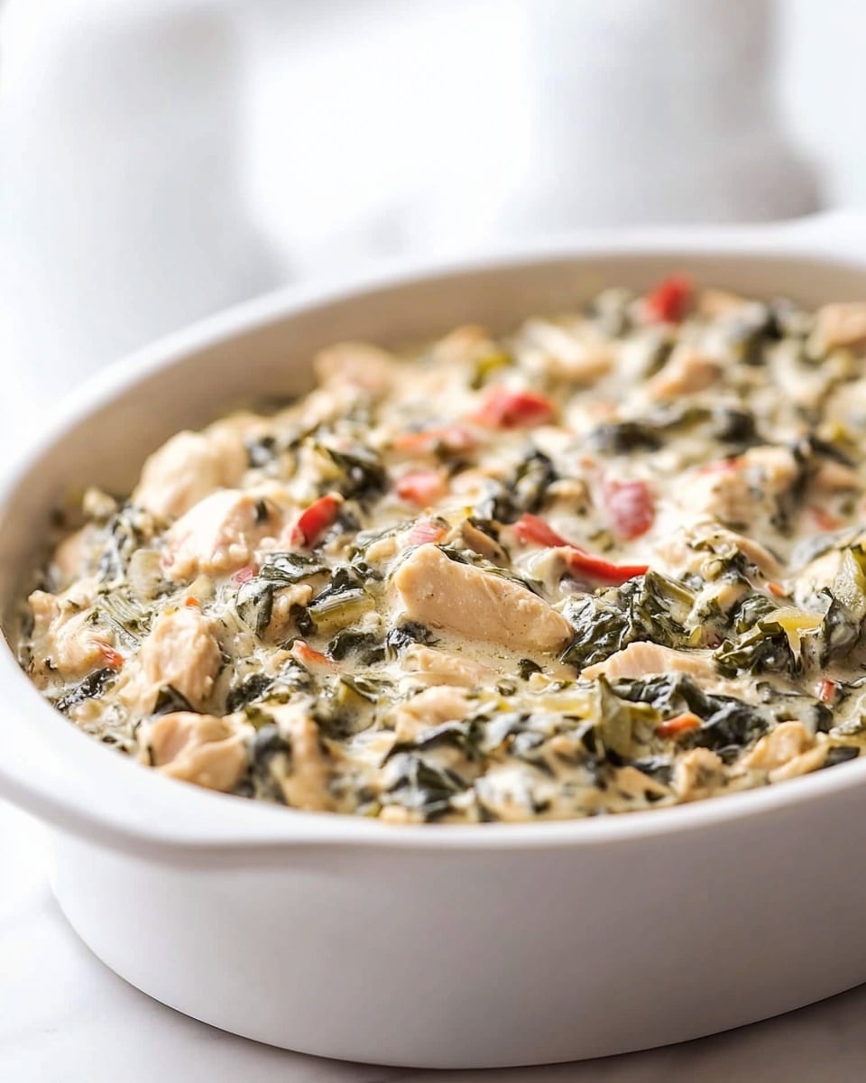 Creamy Chicken and Veggie Casserole, easy chicken casserole recipe, healthy veggie casserole, comfortable weeknight dinner, kid-friendly casserole dish The dish is presented in a white oval baking dish with handles on each side, filled with a creamy mixture that has three visible layers. The base layer has a light green, leafy texture, with dark green chopped leaves spread throughout. The middle layer shows pieces of light beige meat, mixed with bright red strips of bell pepper adding color contrast. The top layer is covered with the creamy sauce that has a smooth, slightly shiny texture with flecks of dark green herbs and small chunks of vegetables visible. The dish sits on a beige cloth with a simple black grid pattern, placed on a white marbled surface. Nearby are two white salt and pepper shakers and a plain white bowl partially visible at the bottom right.