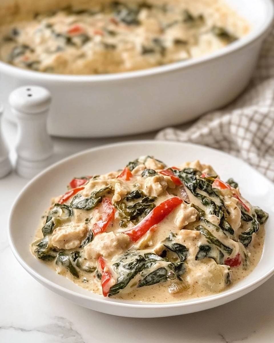 Creamy Chicken and Veggie Casserole, easy chicken casserole recipe, healthy veggie casserole, comfortable weeknight dinner, kid-friendly casserole dish The image shows a white deep plate with a creamy dish served on it. The dish has several layers: a thick, light beige sauce as the base, mixed with cooked dark green leafy vegetables, and strips of red and green bell peppers peeking through. The texture looks soft and creamy with small chunks of light-colored protein scattered throughout. Behind the plate, there is a large white ceramic baking dish filled with the same creamy mixture that has a slightly browned top layer. The setting is on a white marbled surface with a beige and black checkered cloth partly under the baking dish and a white salt shaker nearby.