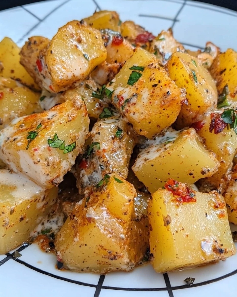 Garlic Parmesan Crockpot Chicken and Potatoes, easy slow cooker chicken dinner, comfort food with garlic and Parmesan, flavorful crockpot chicken recipes, simple weeknight chicken meal A plate with two parts: the first layer on the lower side is a creamy mixture of light beige chicken pieces and yellow potato chunks covered in a white sauce, sprinkled with small green herb bits. The second layer on top is a rectangular piece of golden-brown toasted garlic bread with a crispy texture and some small green herb sprinkles. In the background, a white bowl is filled with more of the same toasted garlic bread, placed on a white marbled surface.