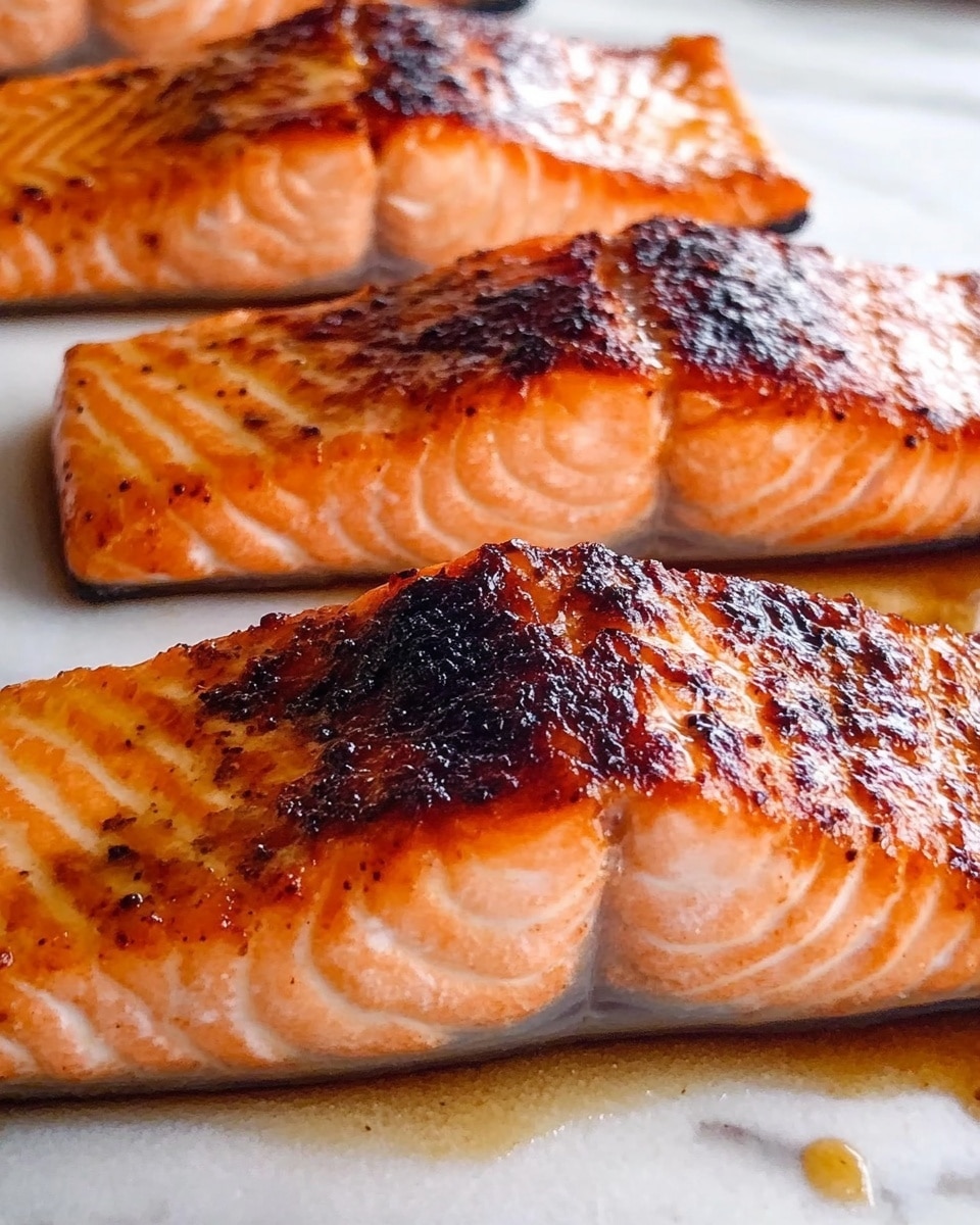 Chili Maple Glazed Salmon, healthy salmon recipes, quick salmon dinner, easy fish recipes, flavorful salmon glaze The image shows three cooked salmon fillets on a white plate placed on a white marbled surface. Each fillet has a shiny, dark brown, slightly crispy skin on top, with the flesh underneath a bright pinkish-orange color, smooth and moist. The fillets are lined up side by side with a bit of golden oil or sauce around them on the plate, creating a slight shine. In the background, blurred, there is a white bowl with pale yellow mashed potatoes and some green beans on a white dish.