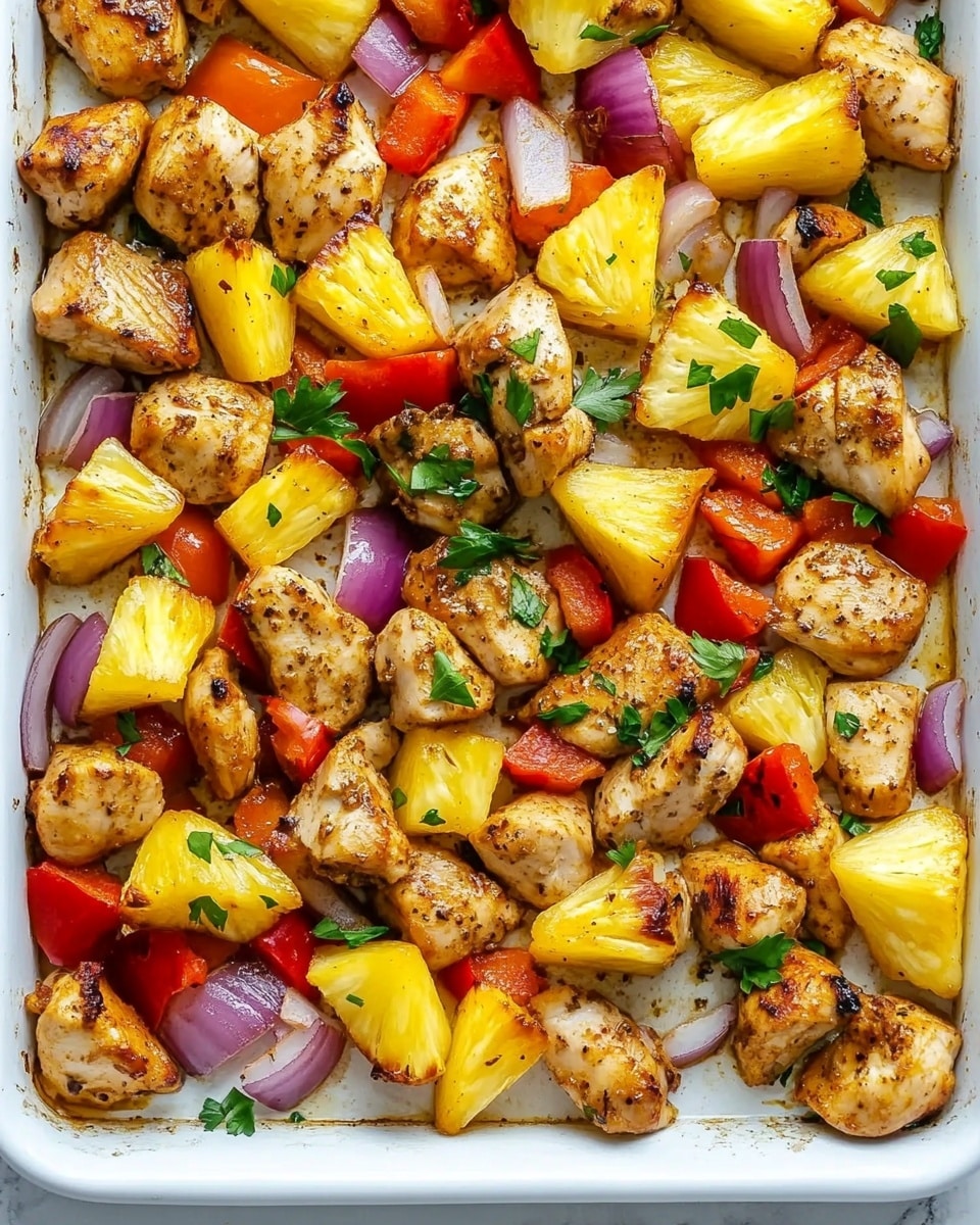 Hawaiian Chicken Sheet Pan Meal, Hawaiian chicken dinner, easy sheet pan recipes, tropical chicken dish, quick weeknight dinner The image shows a white baking tray filled with cooked pieces of golden brown chicken mixed with bright yellow pineapple chunks, red bell pepper slices, and purple onion wedges. The ingredients are spread evenly across the tray, creating a colorful mix with small green parsley leaves sprinkled on top for garnish. The surface underneath the tray is a white marbled texture. The