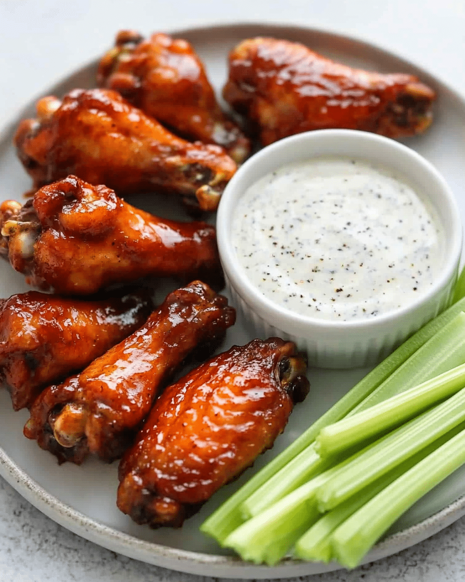 Crispy Baked Chicken Wings, baked chicken wings recipe, crunchy baked chicken wings, healthy chicken wing recipes, homemade baked chicken wings The image shows a close-up of several glazed chicken wings arranged on a white plate placed on a white marbled surface. The wings have a deep reddish-brown color with a glossy, sticky texture, sprinkled lightly with black pepper flakes. On the right side of the plate, there are a few light green celery sticks and a small white bowl filled with a white dipping sauce that has a smooth texture and is cracked with black pepper on top. The overall look is vibrant, with the rich color of the wings contrasting against the pale celery and creamy sauce.