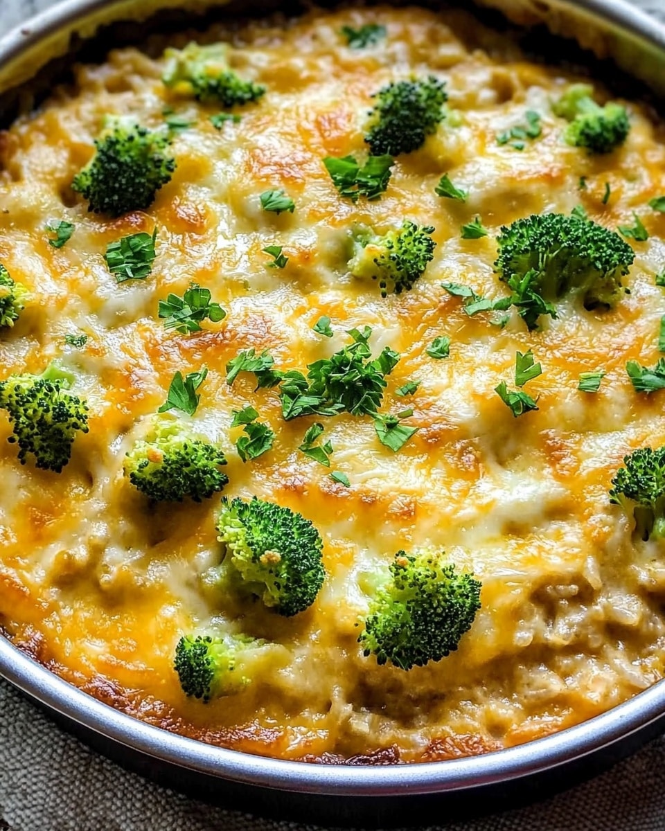 Cheesy Broccoli Chicken and Rice Casserole, easy chicken and rice bake, cheesy broccoli casserole, Healthy chicken casserole, comforting dinner recipes A close-up view of a round metal pan filled with a baked dish featuring a cheesy golden-yellow top layer scattered with bright green chopped parsley. Below the melting cheese, there are visible small green broccoli florets evenly spread throughout the textured, creamy, light brown rice or grain base. The dish has a mix of smooth, melted cheese with small, tender vegetable pieces embedded in the dense, moist base. The pan rests on a textured fabric surface that contrasts with a white marbled background.