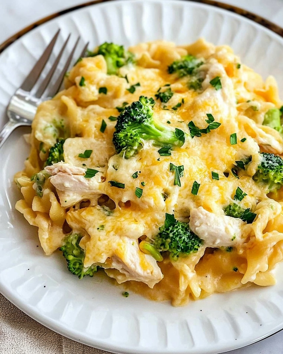 Cheesy Broccoli Chicken and Rice Casserole, easy chicken and rice bake, cheesy broccoli casserole, Healthy chicken casserole, comforting dinner recipes A white plate with a textured rim holds a creamy dish made of three main layers of ingredients mixed together. The bottom layer is soft, pale yellow pasta mixed with small white chunks of chicken and bright green pieces of broccoli scattered evenly throughout. The middle layer has melted, golden-yellow cheese coating the pasta and vegetables, creating a smooth, shiny texture. The top layer is sprinkled with fresh chopped green herbs, adding color contrast and freshness. A shiny silver fork rests on the left side of the plate, and the whole scene is set on a surface with a white marbled texture.