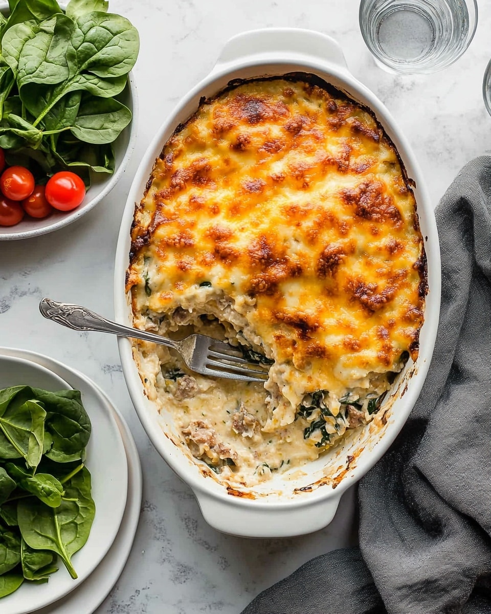 Ground Turkey and Sweet Potato Breakfast Casserole, healthy breakfast casserole, protein-packed breakfast dish, easy make-ahead breakfast, nutritious brunch ideas A single square slice of a layered dish sits on a white plate with a white marbled surface underneath. The bottom layer is a light golden brown crust, followed by a thick layer of ground meat with a crumbly texture in a light brown color. Above this is a fluffy, pale yellow egg layer. The top layer is golden and slightly crusty with several fresh green spinach leaves placed on top. Some white grated cheese is sprinkled over the slice and around the plate. In the background, a white baking dish with the rest of the dish is slightly out of focus.
