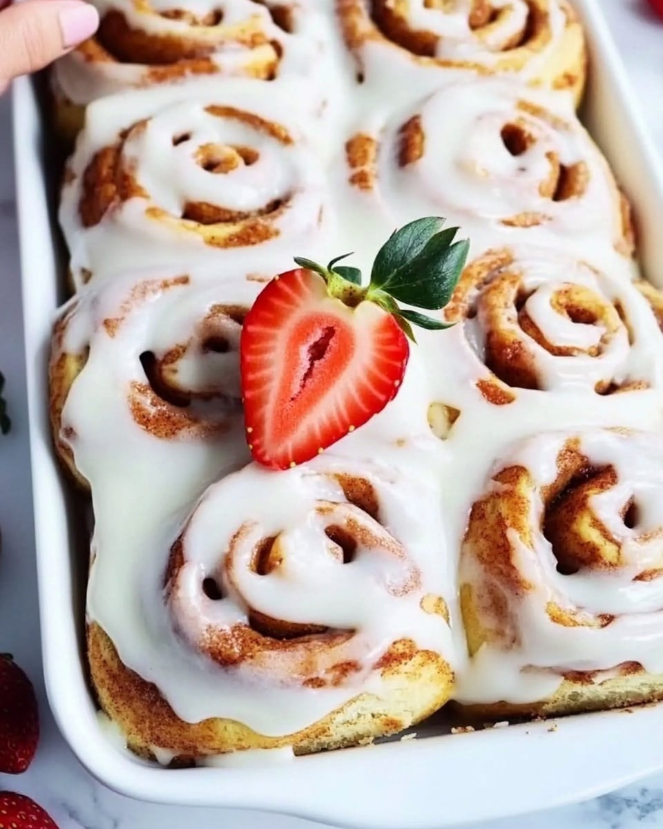 Strawberry Cheesecake Cinnamon Rolls, strawberry cream cheese rolls, easy strawberry cinnamon roll recipe, fruit-filled cinnamon rolls, weekend brunch dessert The image shows a single cinnamon roll on a white plate placed on a white marbled surface. The cinnamon roll is thick, with a soft golden-brown dough base that has a light swirl pattern. The top is covered with a smooth, creamy white icing that drips slightly down the sides. Next to the cinnamon roll, there is a fresh half strawberry with a bright red color and visible seeds, placed at the lower right edge of the plate. In the blurred background, a white baking tray with more cinnamon rolls is faintly visible.
