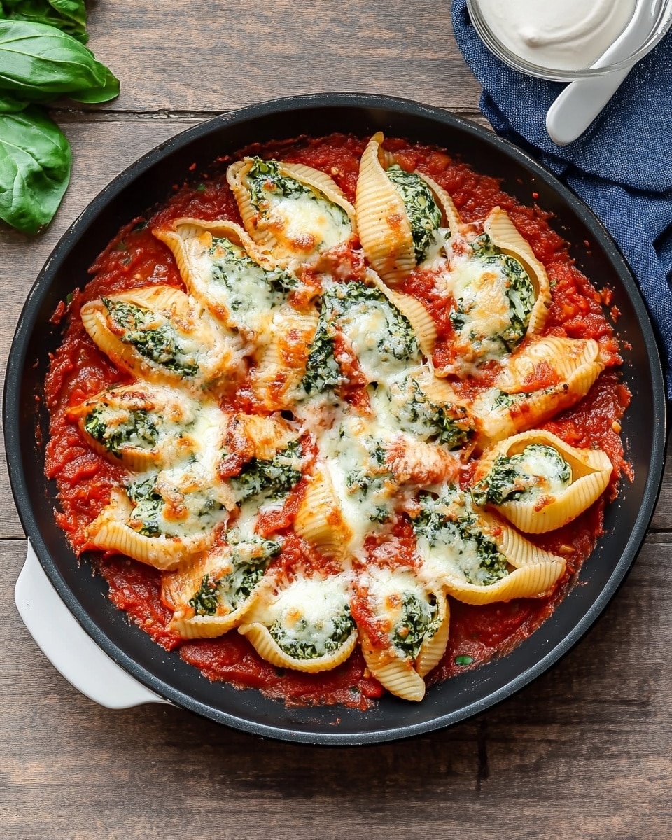 Spinach Ricotta Stuffed Shells with Tomato Sauce, stuffed pasta shells with spinach and ricotta, easy stuffed shell recipe with tomato sauce, vegetarian stuffed pasta dish, hearty baked pasta with spinach and cheese The image shows a black bowl with stuffed pasta shells on top of a chunky red tomato sauce. There are at least five large pasta shells filled with creamy white and green spinach cheese mixture. The shells are golden brown on top with baked melted cheese. Fresh green basil leaves are scattered on and around the shells. Two silver forks lay inside the bowl, partially resting on the food. In the background, there is a blue cloth and a black pan with more stuffed shells. The surface under everything is dark wood.