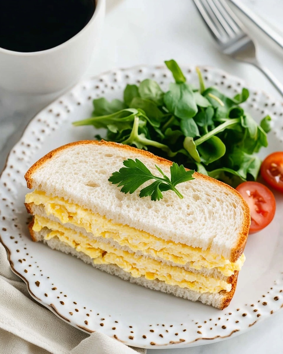 This image shows a white decorative plate on a white marbled surface holding two sandwich halves side by side. Each sandwich has three layers of soft white bread separated by two layers of creamy yellow egg salad filling with a slightly chunky texture. A small green parsley leaf sits on top of the sandwiches for garnish. Next to the sandwiches on the same plate is a small pile of fresh green leafy salad with a few halved cherry tomatoes adding bright red color. At the edge of the plate, a silver fork rests partly on the plate and partly on a beige and white striped cloth. At the top left, there is a white cup filled with dark black coffee. The photo was taken with an iphone --ar 4:5 --v 6.1