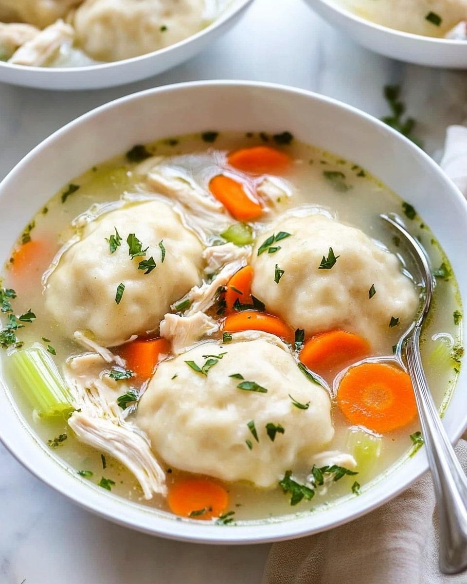 The image shows a white bowl filled with clear chicken soup containing three large, light beige dumplings floating on top. There are several bright orange carrot slices and light green celery pieces scattered throughout the soup, along with thin strips of tender-looking white chicken. Small green herbs are sprinkled over the dish, adding a fresh touch. A silver spoon is partially submerged in the soup near the right side of the bowl. Behind this bowl, there is another white bowl with similar contents visible on a white marbled surface with a light cloth underneath. Photo taken with an iphone --ar 4:5 --v 6.1