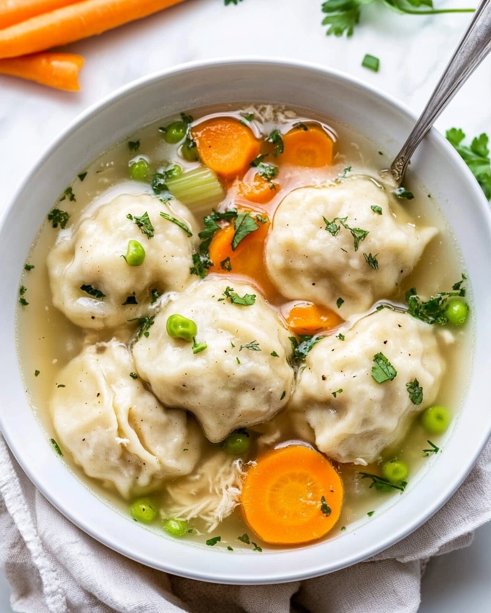 A white bowl filled with clear broth containing five large, light beige dumplings with rough, slightly bumpy texture, scattered green herbs on top, and several bright orange carrot slices along with light green celery pieces surrounding them. There are also light beige strips of chicken meat partially submerged in the broth. A silver spoon is inside the bowl on the right side, and the bowl sits on a light-colored cloth on a white marbled surface. The photo has a bright and fresh look with natural lighting. Photo taken with an iphone --ar 4:5 --v 6.1