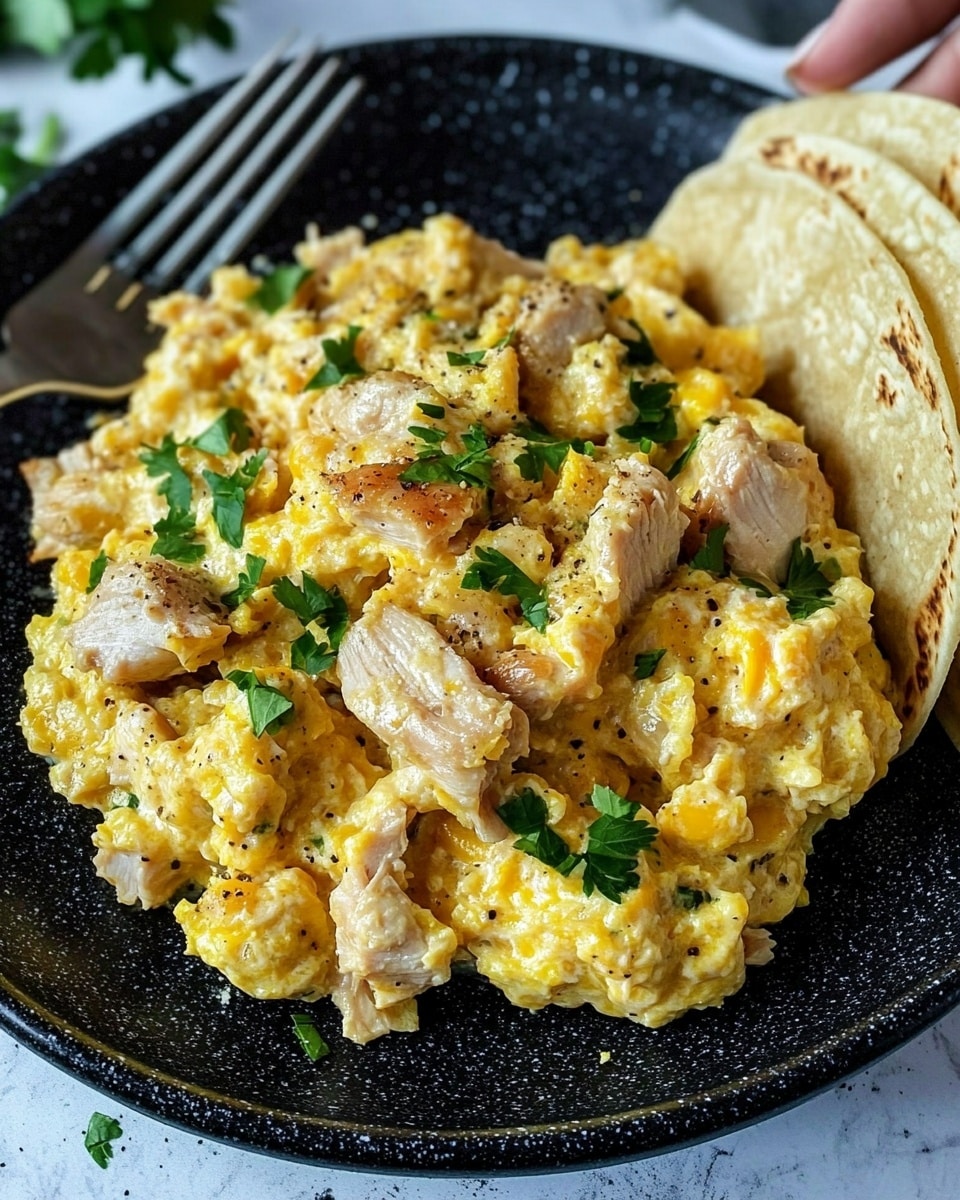 The dish shows a black speckled plate filled with a creamy mixture of scrambled eggs and pieces of cooked chicken, both light yellow and white with some golden brown parts. The chicken pieces are chunky and mixed evenly throughout the eggs, which have a soft, slightly shiny texture. Small green herbs are sprinkled on top for color. To the side of the plate, there are some yellow corn tortillas stacked neatly. A woman's hand holding the edge of the plate can be seen at the bottom left. The background is a white marbled surface with a fork and knife resting on the plate. Photo taken with an iphone --ar 4:5 --v 6.1
