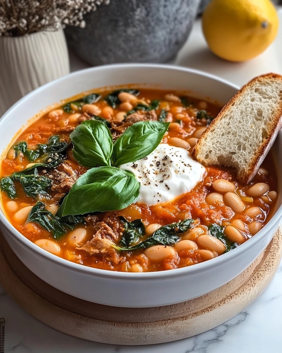 A round blue pot filled with a creamy bean dish with four layers visible: a thick light orange creamy base mixed with white beans, finely chopped tomatoes, and green spinach leaves spread evenly throughout. On top, several whole fresh basil leaves add a deep green color, with a generous dollop of white cream sprinkled with black pepper placed slightly off-center. The pot sits on a white marbled surface with a beige textured cloth nearby, two slices of light brown bread on a wooden board to the side, and a dark brown wooden spoon next to the pot. Photo taken with an iphone --ar 4:5 --v 6.1