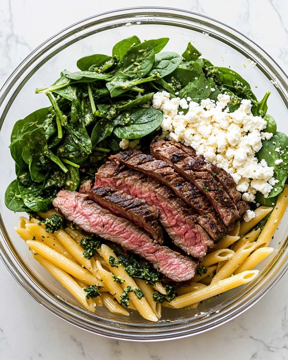 A clear glass bowl contains a layered salad with four main parts: a base layer of yellow penne pasta at the bottom, fresh dark green spinach leaves spread over the pasta, finely chopped green herbs placed on the left side, and soft white crumbled cheese just below the herbs. On the right side and top, slices of cooked steak with a browned crust and pink centers rest on the spinach, showing a juicy and tender texture. The whole bowl sits on a white marbled surface. photo taken with an iphone --ar 4:5 --v 6.1