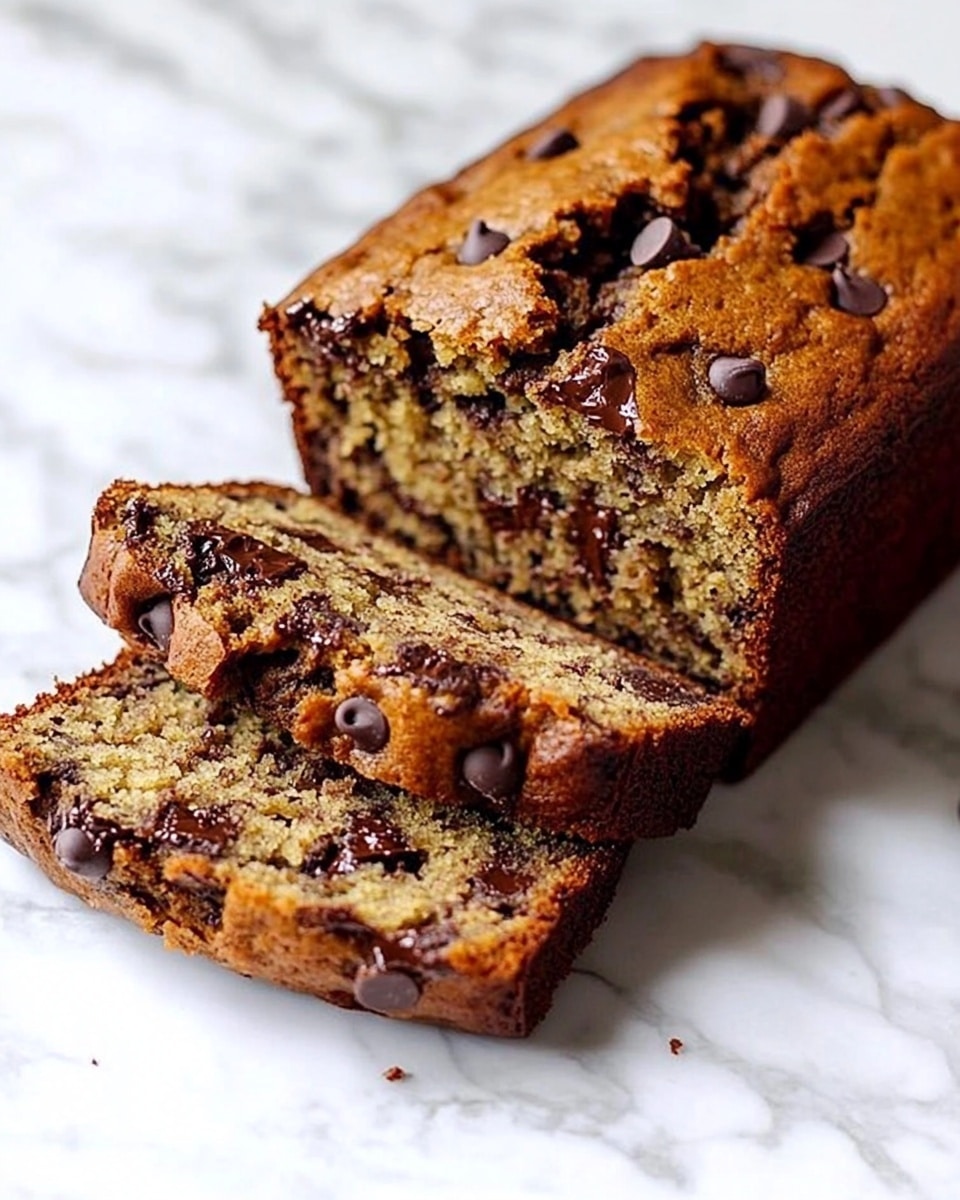 The image shows a loaf of banana bread with chocolate chips on a white marbled surface. The loaf is sliced into four pieces, each slice revealing a moist inside with dark chocolate chips spread throughout. The top of the bread is golden brown and slightly cracked, with many chocolate chips melted and visible on the surface. The whole loaf is casting soft shadows, making the texture of the bread clear and inviting. photo taken with an iphone --ar 4:5 --v 6.1