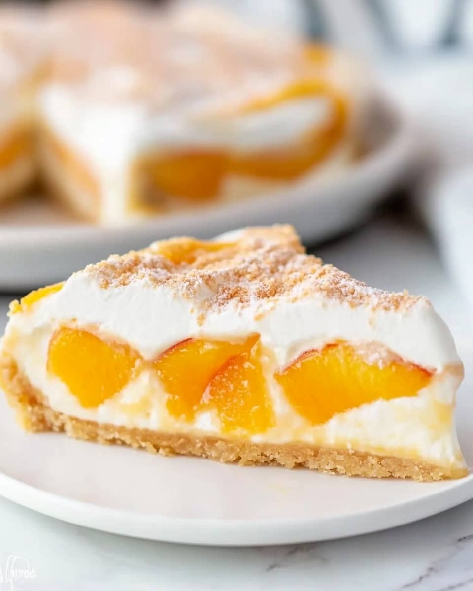A triangular slice of peach dessert sits on a white plate on a white marbled surface, showing three clear layers: the bottom layer is a thick, crumbly golden crust; the middle layer is filled with bright orange peach pieces in a syrupy texture; the top layer is a smooth, fluffy white cream with a light brown sprinkle on top. In the background, the rest of the dessert is slightly blurred but visible on a white plate. Photo taken with an iphone --ar 4:5 --v 6.1