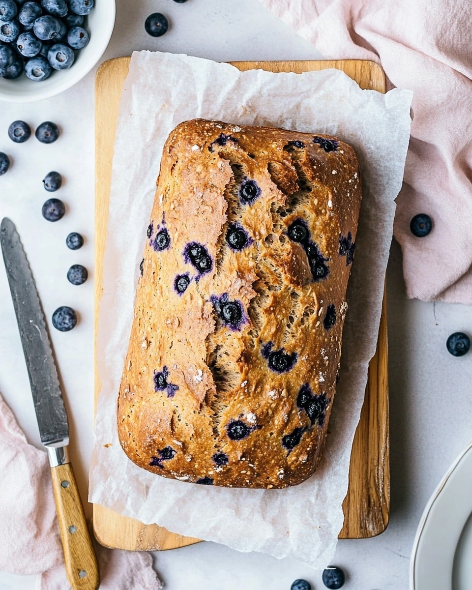 Two slices of thick, soft bread with a light brown color and a moist texture sit on white plates with a ridged edge design. The bread contains visible green zucchini bits and dark blue blueberries scattered inside, giving it a mixed texture with some dense spots around the fruit. The plates are placed on a white marbled surface, surrounded by a few fresh blueberries and a light pink cloth. Two vintage silver spoons are positioned next to one of the plates. Photo taken with an iphone --ar 4:5 --v 6.1