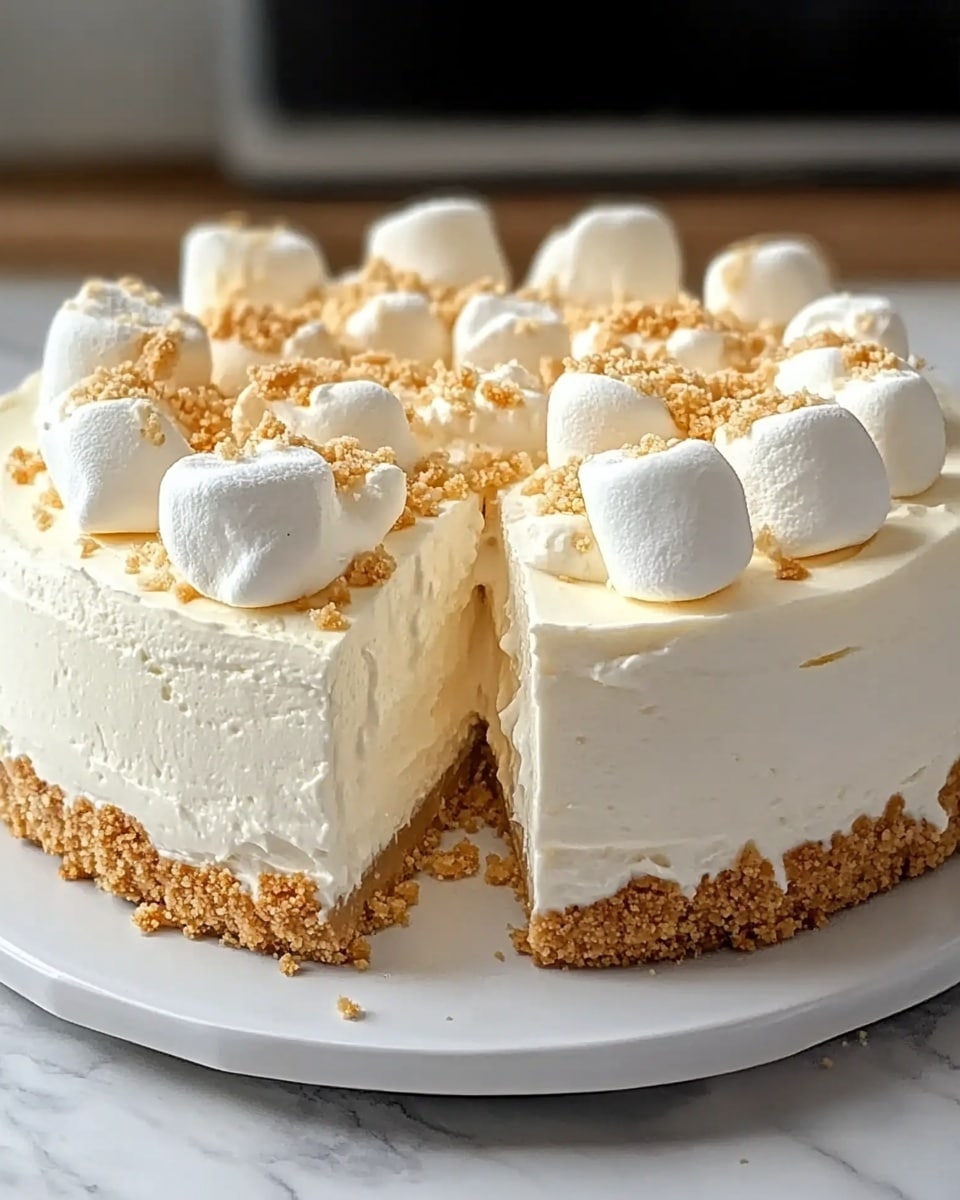 This is a slice of pie shown on a white plate with a white marbled background. The pie has two main layers: a thick, smooth, white creamy top layer that looks soft and fluffy, and a bottom crust layer made of brown, crumbly crumbs. On top of the creamy layer, there are small swirls of whipped cream, sprinkled lightly with a fine brown powder. Some crumbs have fallen around the bottom edge of the slice on the plate. The photo taken with an iphone --ar 4:5 --v 6.1