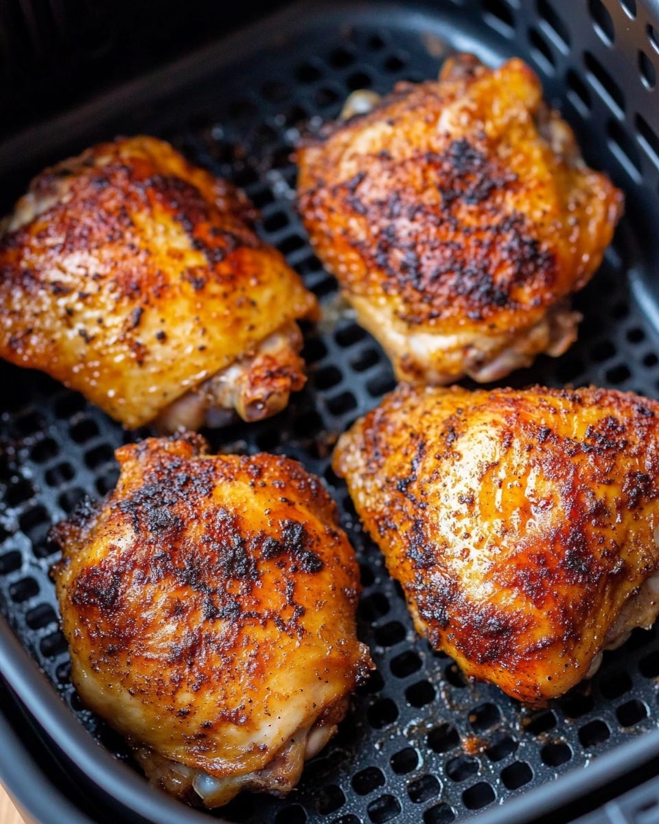 The image shows four pieces of cooked chicken thighs in a black air fryer basket. Each piece has a crispy skin with a mix of golden-yellow, orange, and deep brown dark spots from roasting, creating a textured and slightly uneven surface. The chicken looks juicy with some areas showing a slight sheen from the cooking oils. The background inside the air fryer is dark with small holes and grid patterns, while the outer edges fade into a light wooden surface. photo taken with an iphone --ar 4:5 --v 6.1