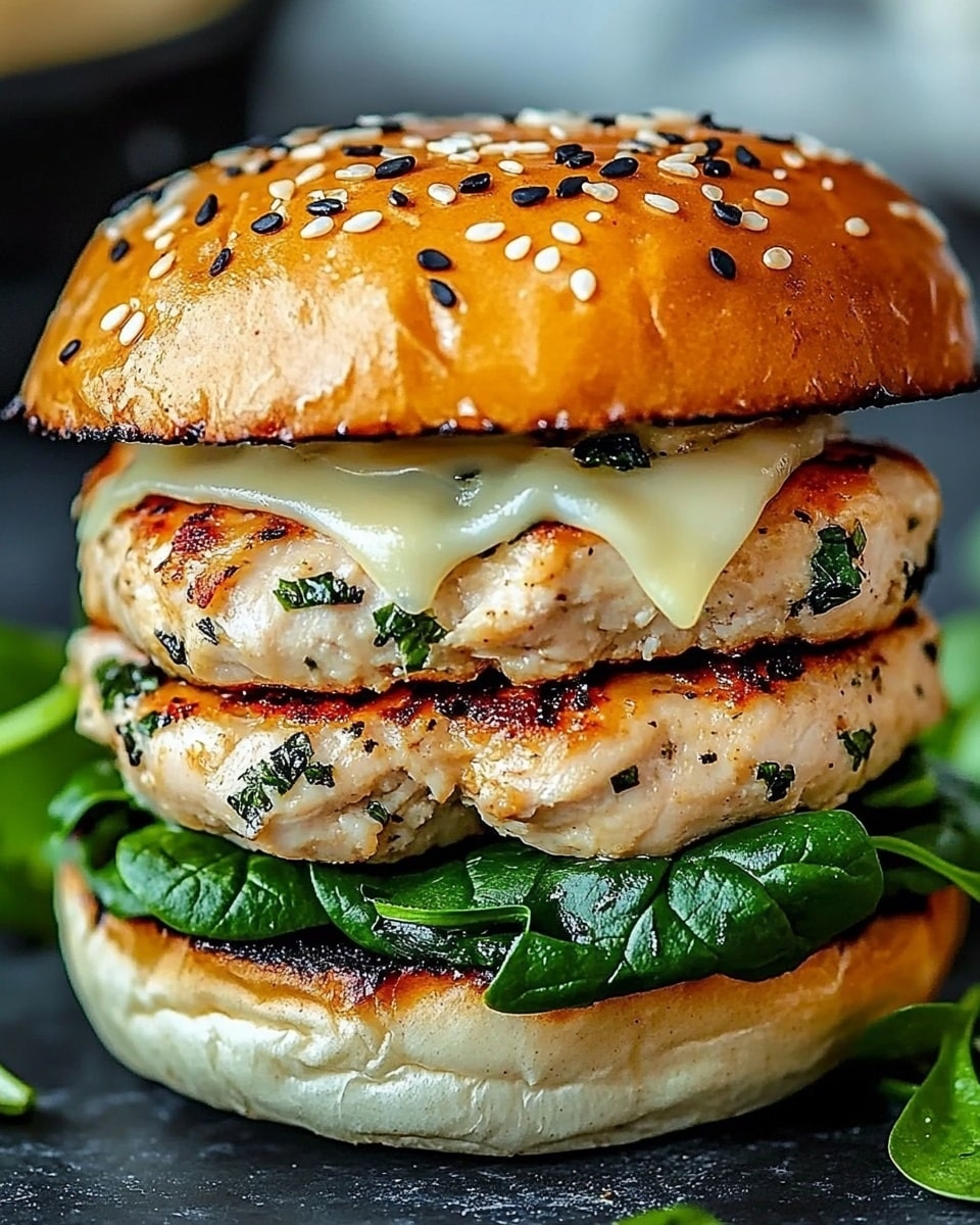 A close-up image of a chicken burger stacked in three visible layers on a white soft bun topped with black and white sesame seeds. The bottom layer shows fresh, bright green spinach leaves with a slightly shiny texture. Above the spinach is a thick, grilled chicken patty with a light golden-brown grill marks and visible bits of herbs inside. On top of the chicken patty is a layer of melted pale yellow cheese that drapes over the edges softly. The top bun is golden brown with a soft, slightly shiny texture and light wrinkles near the edges. The burger sits on a dark surface with some scattered spinach leaves around and a white marbled background blurred behind it. Photo taken with an iphone --ar 4:5 --v 6.1
