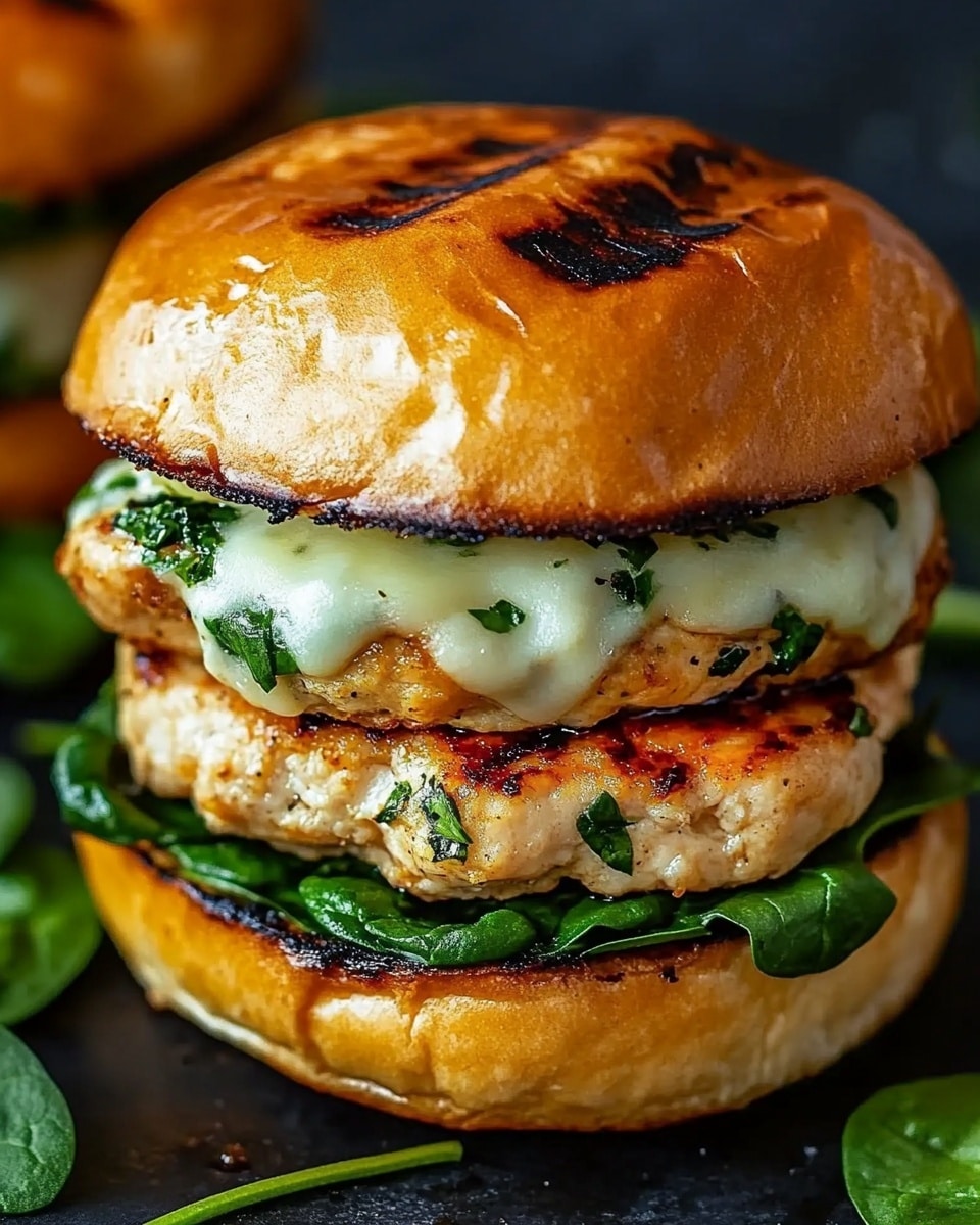A close-up view of a sandwich with three main layers stacked on a toasted shiny golden brown bun with dark grill marks on top. The bottom layer shows bright fresh green leafy spinach filling the base, above which rests a thick, juicy, lightly browned chicken patty covered in melted white cheese with green herbs scattered inside. The top half of the bun sits gently over the cheese layer. The sandwich is placed on a dark surface with scattered spinach leaves around, creating a fresh and appetizing look. Photo taken with an iphone --ar 4:5 --v 6.1
