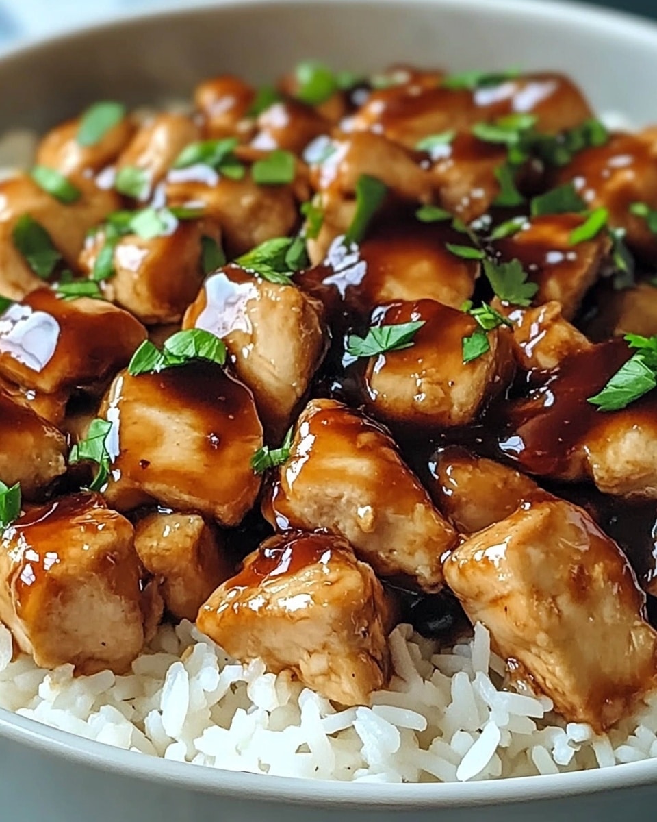 The image shows a close-up of a white bowl filled with two layers. The bottom layer is light brown rice with a soft, fluffy texture. On top is a thick layer of glossy, dark brown glazed chicken pieces, each one shiny and slightly charred at the edges. Small green chopped herbs are sprinkled over the chicken, adding a fresh contrast in color. The bowl sits on a white marbled surface. Photo taken with an iphone --ar 4:5 --v 6.1