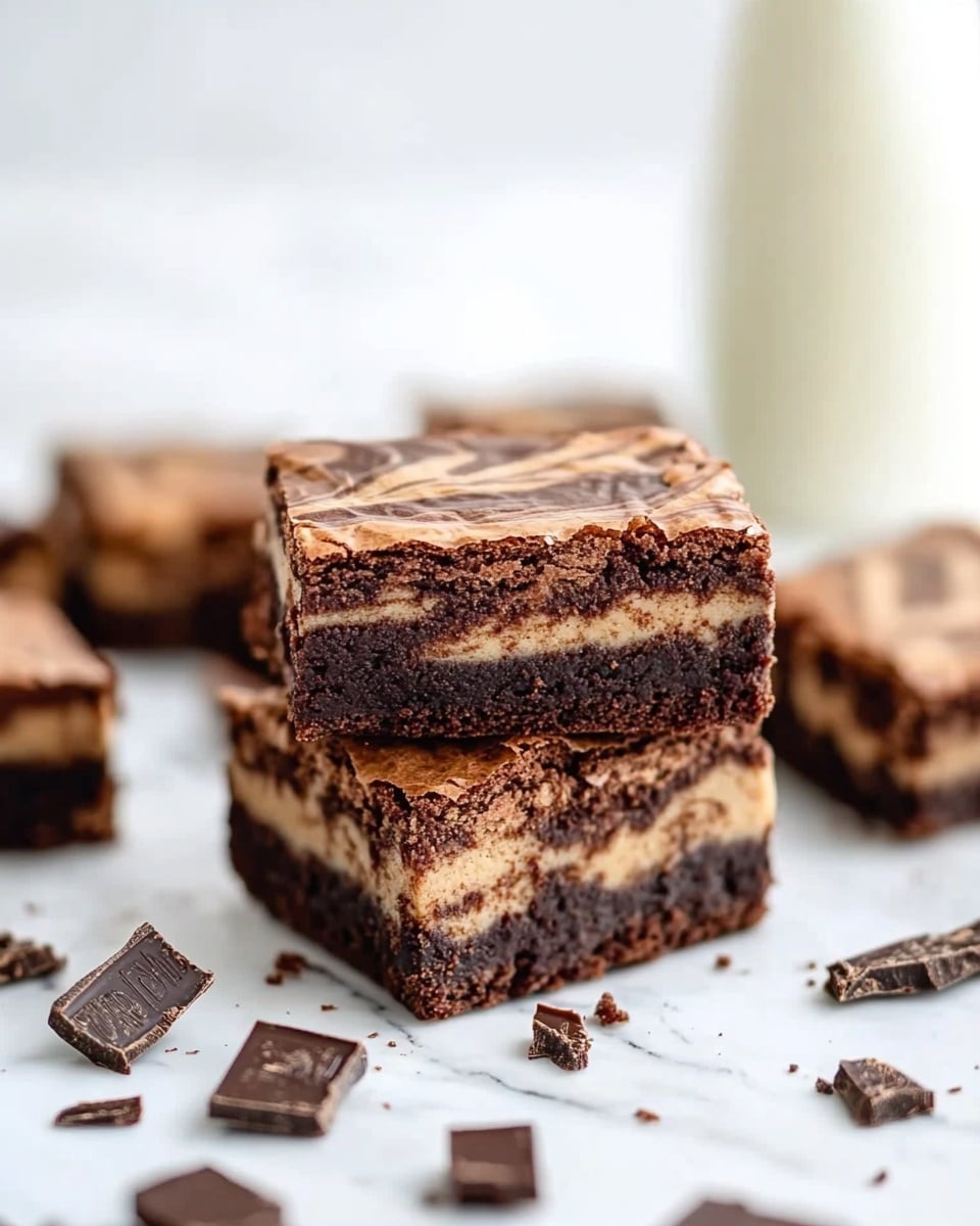 A stack of three square brownies is centered on a white marbled surface. Each brownie has two layers: a bottom layer of dark brown chocolate with a slightly rough texture and a top layer that is swirled with creamy light brown and darker brown chocolate, showing a marbled pattern. Around the stack, scattered pieces of broken chocolate lie on the surface, and in the background, a blurred bottle of milk stands tall, with more brownies scattered out of focus. The image is bright and clean, with soft lighting highlighting the details of the brownies. Photo taken with an iphone --ar 4:5 --v 6.1