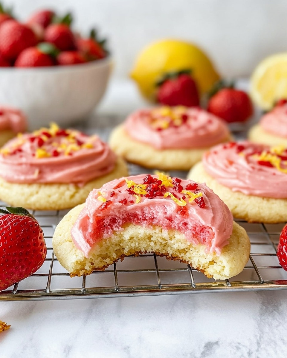 The image shows several round sugar cookies arranged on a metal cooling rack, each topped with one thick, smooth layer of pink frosting swirled in a circular pattern. The frosting is sprinkled with small red crumbs and yellow lemon zest bits, giving texture and color contrast. Around the cookies, fresh whole strawberries and some freeze-dried strawberry slices add bright red accents. The background is a white marbled surface that enhances the colors of the cookies and fruit. Photo taken with an iphone --ar 4:5 --v 6.1