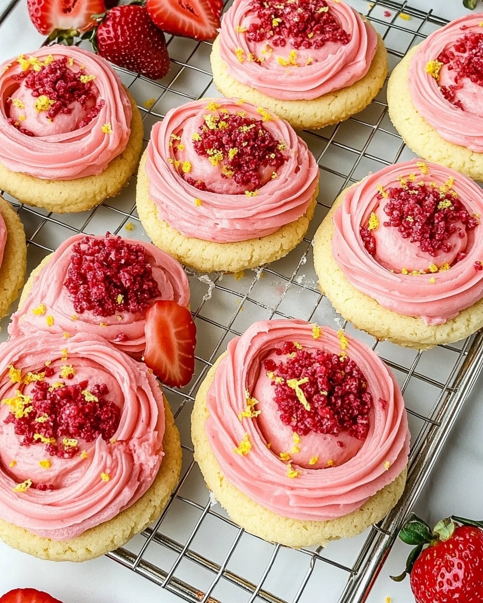 The image shows sugar cookies with a light golden base topped with a thick layer of smooth pink frosting, sprinkled with small red crumbles and thin yellow zest. One cookie is split in half, showing a soft, fluffy inside. The cookies rest on a metal cooling rack over a white marbled surface. Around the rack, there are fresh red strawberries, a white bowl filled with strawberries, and some lemon halves in the background, all softly blurred. The light is natural and bright, giving the whole scene a fresh and inviting look. photo taken with an iphone --ar 4:5 --v 6.1