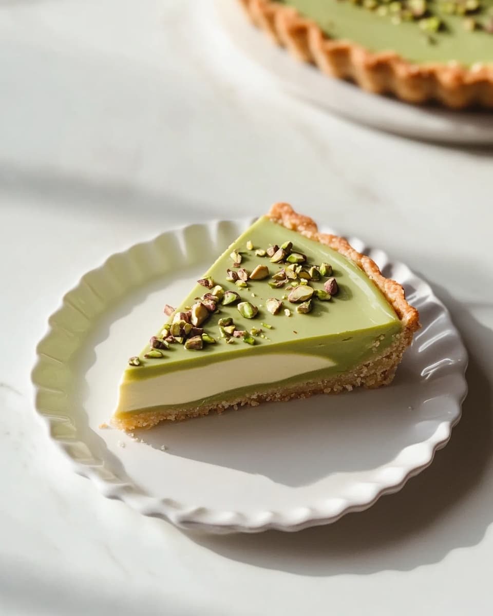 A round cake with a smooth, glossy light green frosting covers the top fully, with a neat wreath of chopped pistachios placed near the edge, leaving a clean green center. The cake sits on a white plate with subtle cracks on the surface, all set against a white marbled background. The texture of the frosting looks creamy, while the pistachios add a rough, crunchy contrast with shades of green and brown visible. Light from one side casts soft shadows, highlighting the smooth surface and nut pieces. Photo taken with an iphone --ar 4:5 --v 6.1