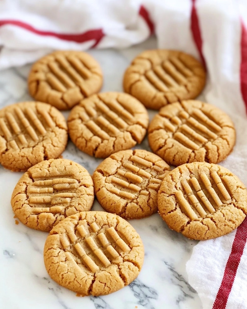 The image shows a close-up of a round peanut butter cookie with a light brown color and a textured pattern of crisscross lines pressed on top. The cookie looks slightly crumbly and thick. Behind it, there is a white plate holding several more cookies with the same look, partially visible. The surface beneath the cookies is a white marbled texture with a few cookie crumbs scattered around. The overall scene is bright and clear, highlighting the rough texture and warm color of the cookies. photo taken with an iphone --ar 4:5 --v 6.1