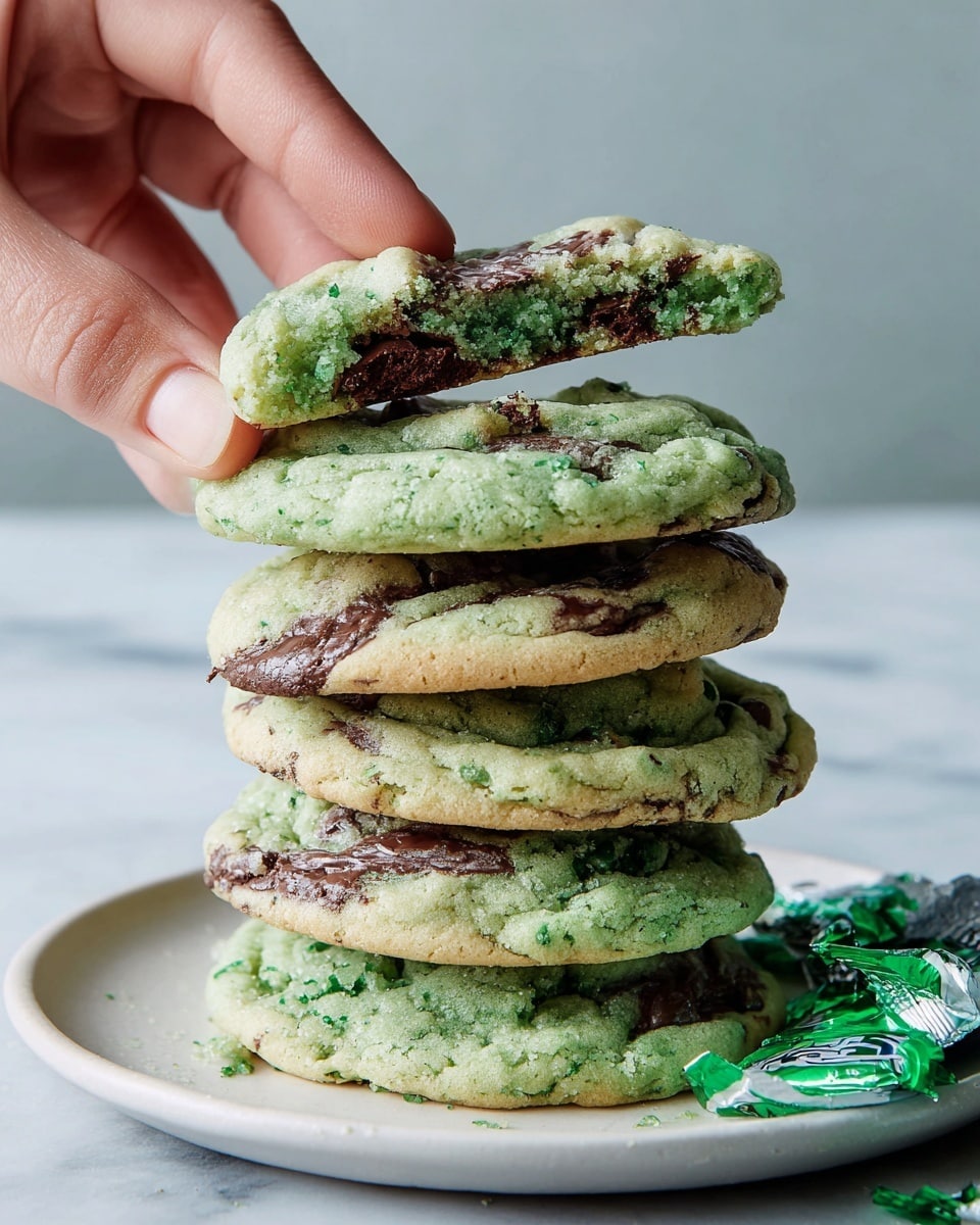 A close-up view shows a stack of four soft, light green cookies with dark melted chocolate chunks visibly peeking out. On top, a woman’s hand is gently pulling apart the top cookie, revealing gooey chocolate inside the broken piece. The cookies have a slightly rough texture with chocolate chips spread throughout. The background is a white marbled texture. photo taken with an iphone --ar 4:5 --v 7