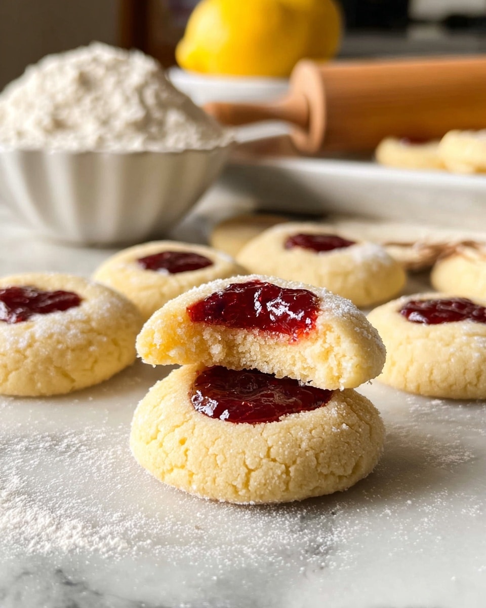 The image shows round thumbprint cookies with a light golden color and soft texture, each topped with a dollop of dark red jam in the center. One cookie is broken in half and stacked in the front center, revealing a soft, crumbly interior and the rich jam filling inside. The cookies sit on a white marbled surface dusted lightly with flour. In the background, there is a white bowl filled with flour next to a wooden rolling pin and a white plate with lemons, all softly blurred. The photo taken with an iphone --ar 4:5 --v 7