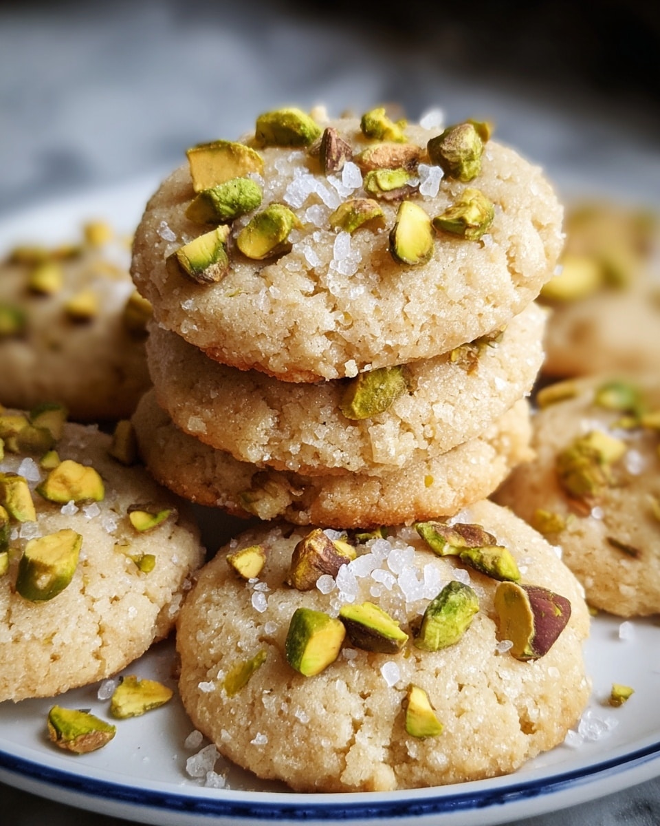 The image shows four round cookies on white parchment paper. Each cookie is light golden brown with a slightly cracked texture on top. There are chopped pistachio pieces scattered over the surface of the cookies, adding green and brown accents. A few flakes of salt are sprinkled on top, adding a sparkling white contrast. The cookies appear soft and thick, with a rough texture around the edges. The background is blurred, showing part of a dark brown tray or table. photo taken with an iphone --ar 4:5 --v 7