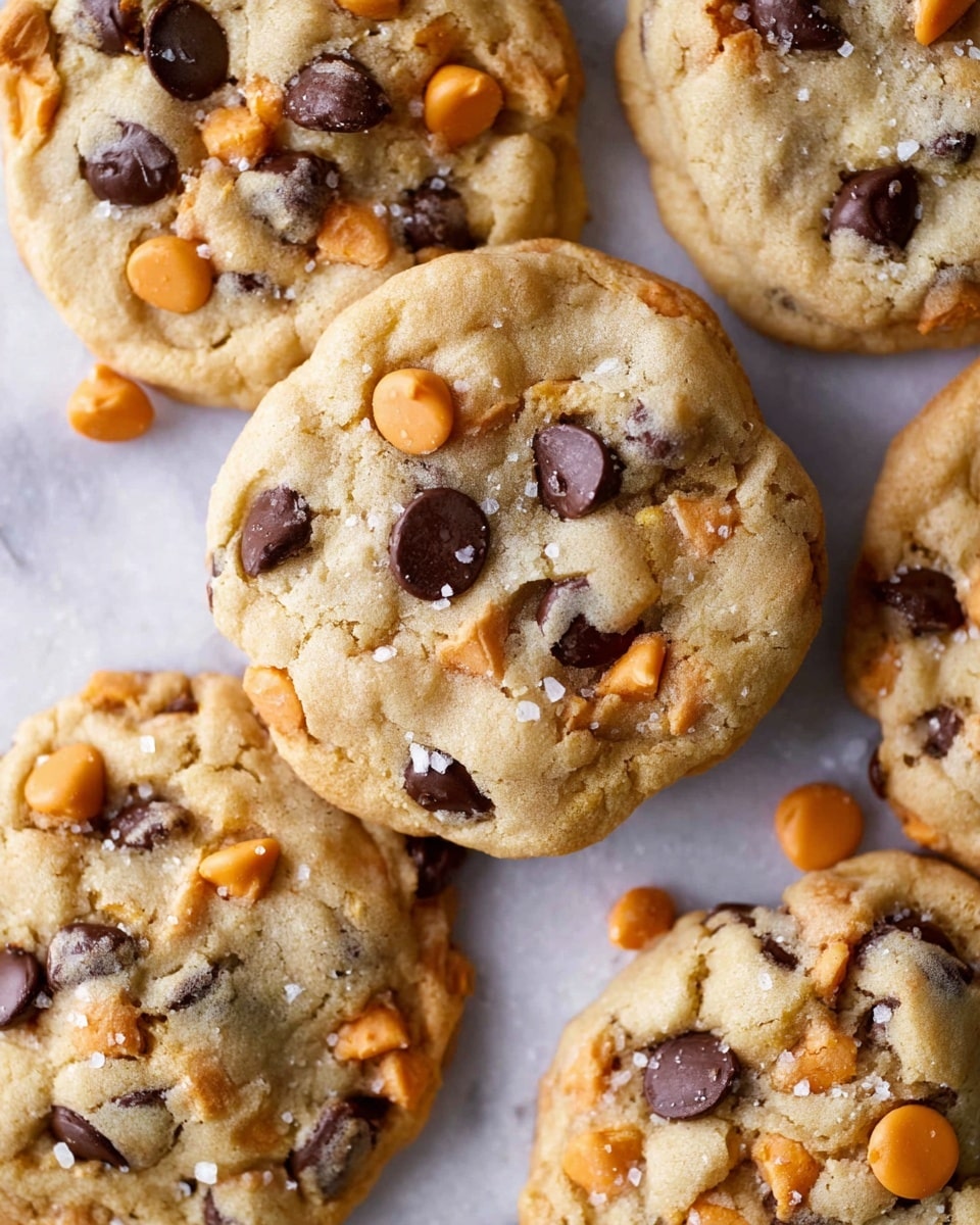A close-up top view of two thick, round cookies with a soft, slightly bumpy texture. The cookies are light golden brown with dark brown chocolate chips and smaller, light caramel-colored chips scattered on top. One cookie has a few pieces of walnut embedded, adding rough, brown shapes in the center. The cookies sit on a wooden surface with a weathered texture. Photo taken with an iphone --ar 4:5 --v 7