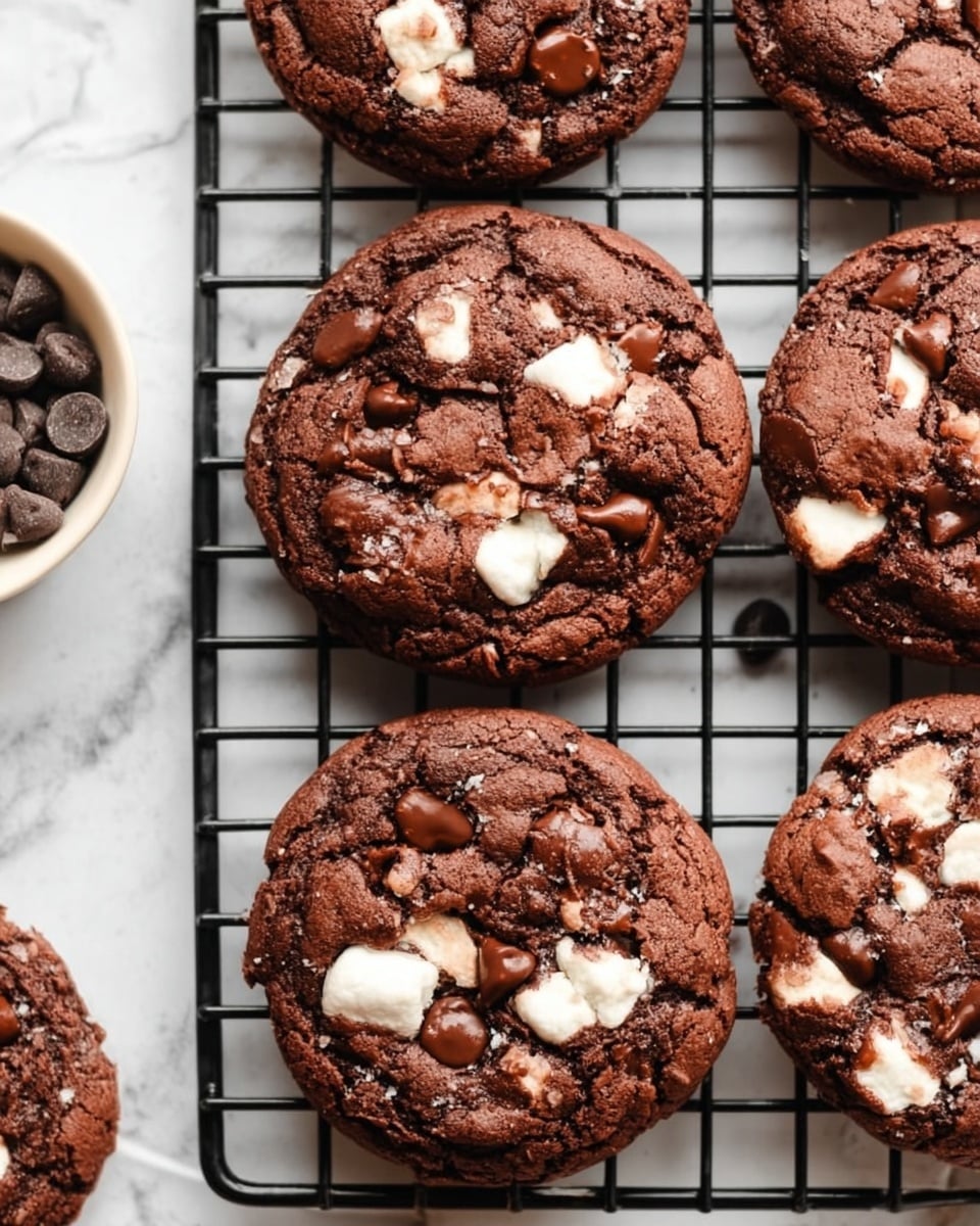 The image shows six chocolate cookies on a black cooling rack placed on a white marbled surface. Each cookie has a rich dark brown color with a slightly cracked texture on top. Scattered throughout the cookies are irregular white marshmallow bits and chocolate chips, adding contrast and texture. The chocolate chips are smooth and glossy, nestled into the soft cookie dough. The overall look is soft and inviting, with a slightly raised shape typical of freshly baked cookies. A small part of a white bowl with chocolate chips is visible on the left side. Photo taken with an iphone --ar 4:5 --v 7