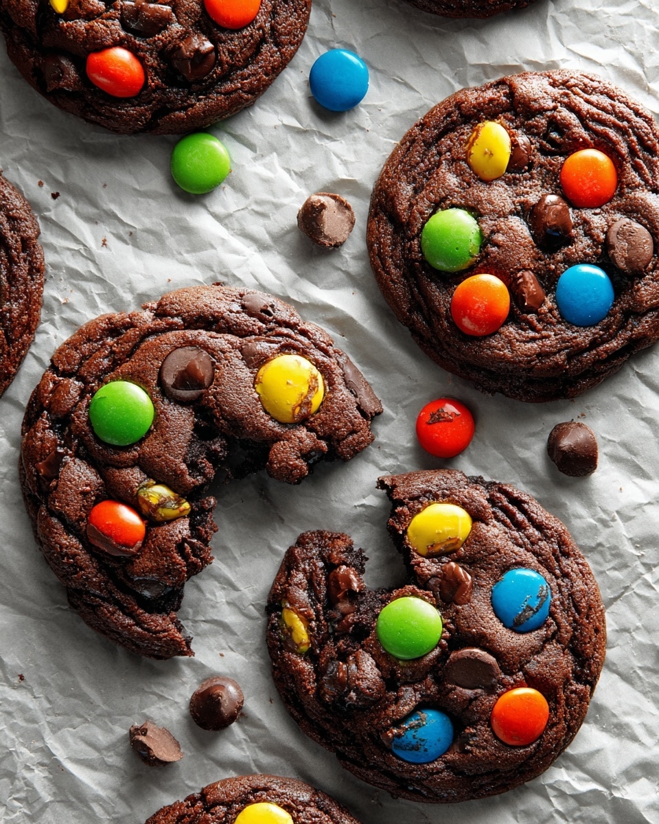 A close-up view of several round chocolate cookies with a cracked soft texture, each topped with colorful candy-coated chocolate pieces in red, yellow, green, orange, and blue, arranged casually on a crumpled white paper resting on a white marbled surface. One cookie is broken with pieces missing, showing a chewy inside with dark chocolate chips embedded. The candies and chocolate chips are scattered around the cookies, adding vibrant color contrast against the rich dark brown of the cookies. photo taken with an iphone --ar 4:5 --v 7