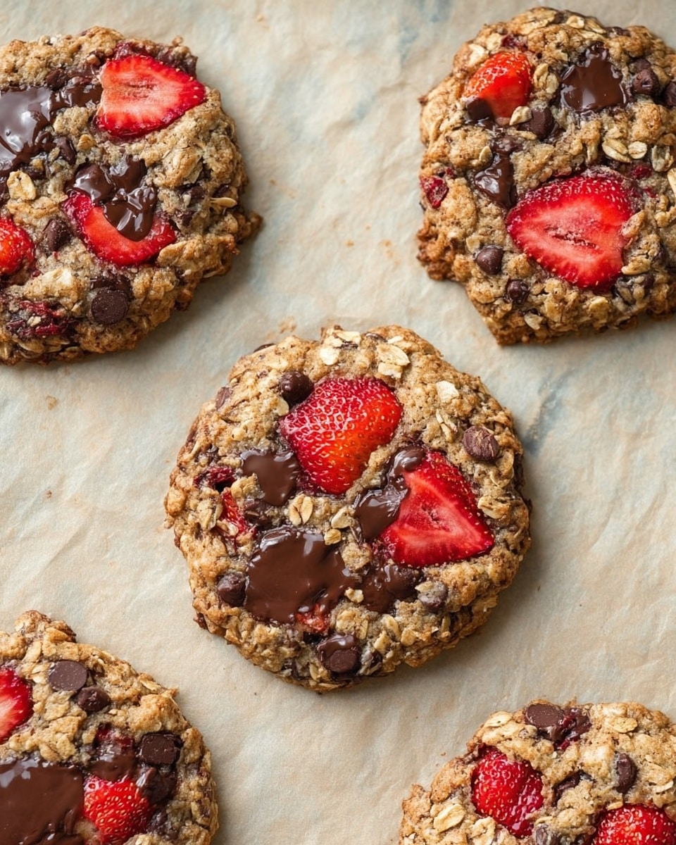 The image shows five large oatmeal cookies placed on beige baking paper on a white marbled surface. Each cookie is round and thick with a rough texture made up of oats and chocolate chips scattered throughout. Bright red slices of strawberries are embedded in the cookies, adding spots of vibrant color. The cookies have melted chocolate patches, darker and shiny, contrasting with the light tan of the oats. The cookies are spaced apart, with some edges slightly uneven and crumbly. Photo taken with an iphone --ar 4:5 --v 7