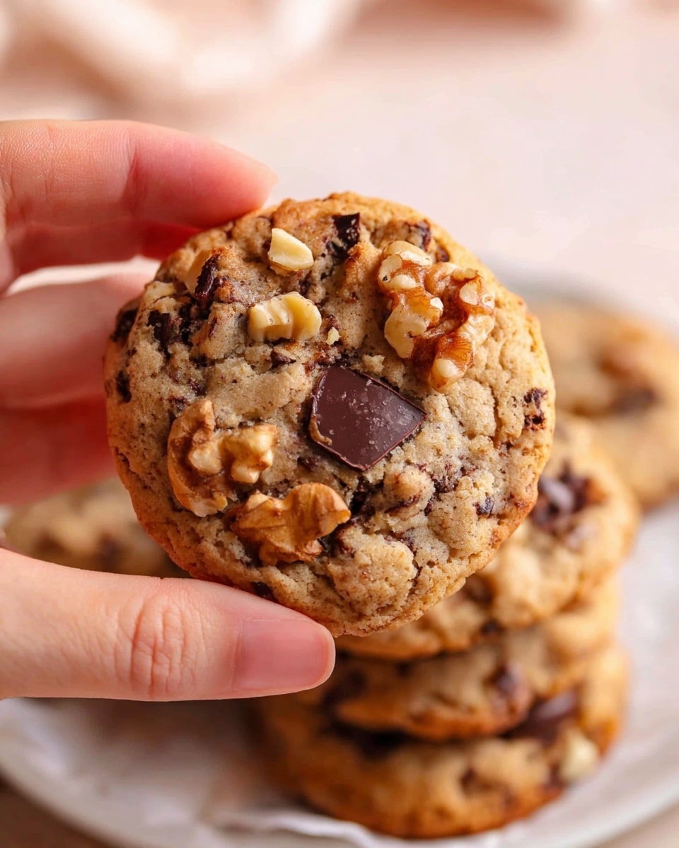 A close-up image of a single round cookie being held by a woman's hand with a light skin tone, showing a soft texture with visible mix-ins like large chunks of dark chocolate and scattered walnut pieces on the cookie surface. The cookie has a golden brown color with a slightly rough texture and some cracks, with other similar cookies stacked below on white parchment paper. The background is softly blurred with light warm tones and the entire setting is on a white marbled surface. Photo taken with an iphone --ar 4:5 --v 7