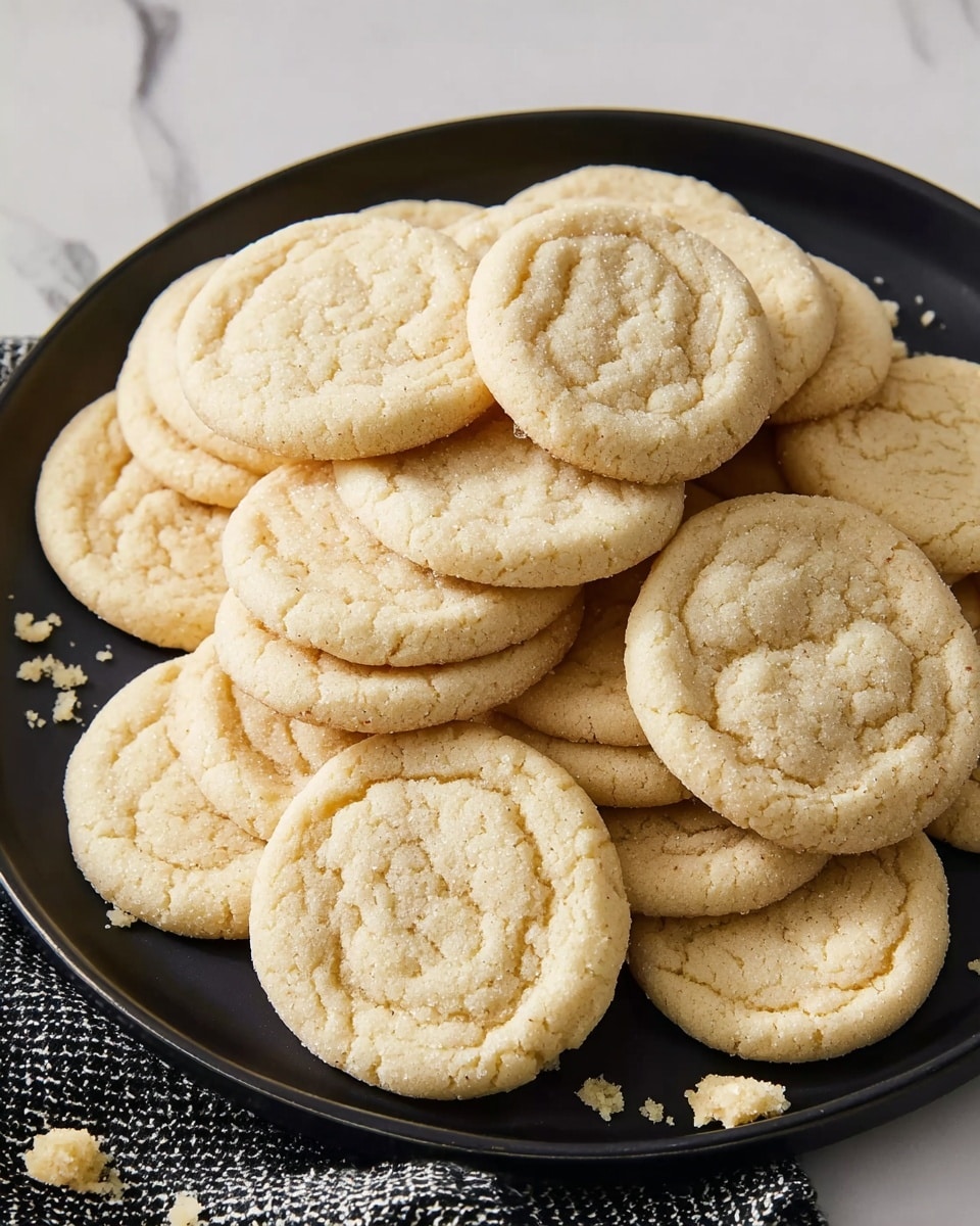 The image shows a black plate filled with about twenty round sugar cookies, stacked in layers with some cookies overlapping each other. Each cookie has a light golden color with a slightly cracked surface and a soft texture. The black plate rests on a white marbled surface with a black and white checkered cloth partially visible under the plate. There are small crumbs scattered around the cookies on the plate. Photo taken with an iphone --ar 4:5 --v 7