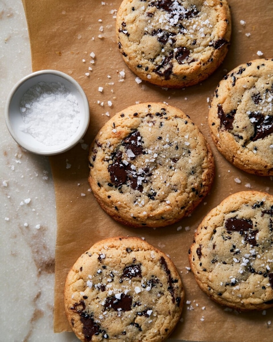 A close-up of five round cookies with a light golden brown color, showing dark chocolate chunks and black sesame seeds spread throughout each cookie, sprinkled with white flaky salt on top; they are placed on brown parchment paper with a small white bowl filled with coarse white salt near the center-left of the image, all set on a white marbled textured surface. photo taken with an iphone --ar 4:5 --v 7
