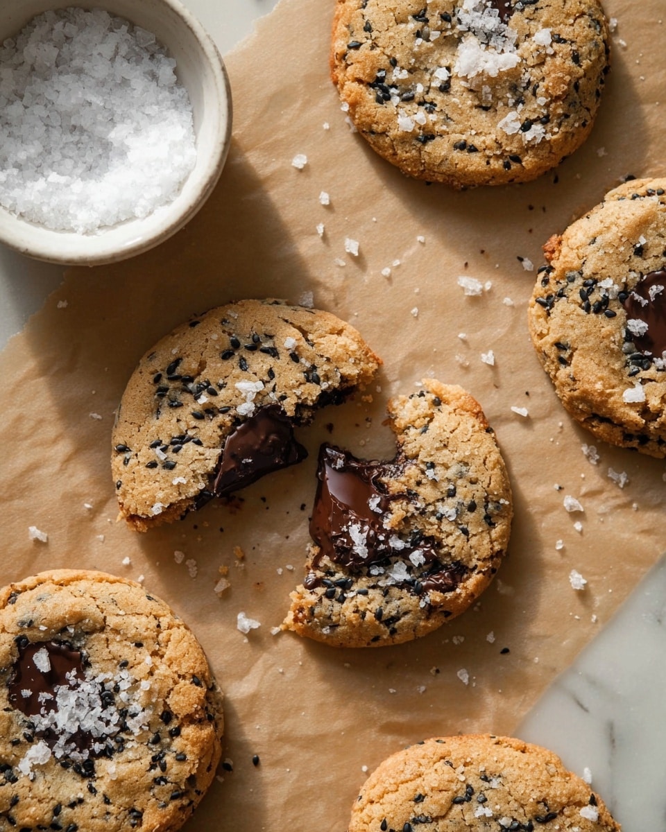 The image shows several round cookies on a light brown parchment paper with a white bowl of thick salt flakes in the top left corner. Each cookie has a rough, crumbly texture with scattered black sesame seeds and chunks of melted dark chocolate. The cookie in the center is broken in half, revealing its soft, melted chocolate interior, slightly shiny and smooth, stretching a bit between the two halves. Small white salt flakes are sprinkled unevenly on all the cookies and the parchment paper. The scene sits on a white marbled surface, with natural lighting highlighting the textures and colors of the cookies and salt flakes. photo taken with an iphone --ar 4:5 --v 7